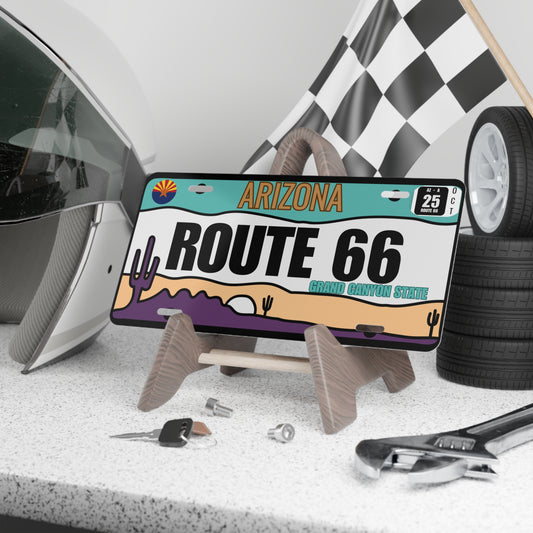 Arizona Route 66 vanity plate displayed on a wooden stand with racing checkered flag and tools: perfect for garage and car décor, proud Arizonans and Route 66 collectors