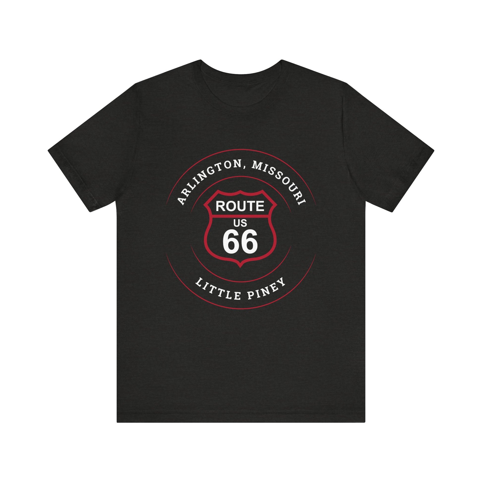 Black heather retro Route 66 unisex jersey tee with Arlington, MO: "Little Piney" design