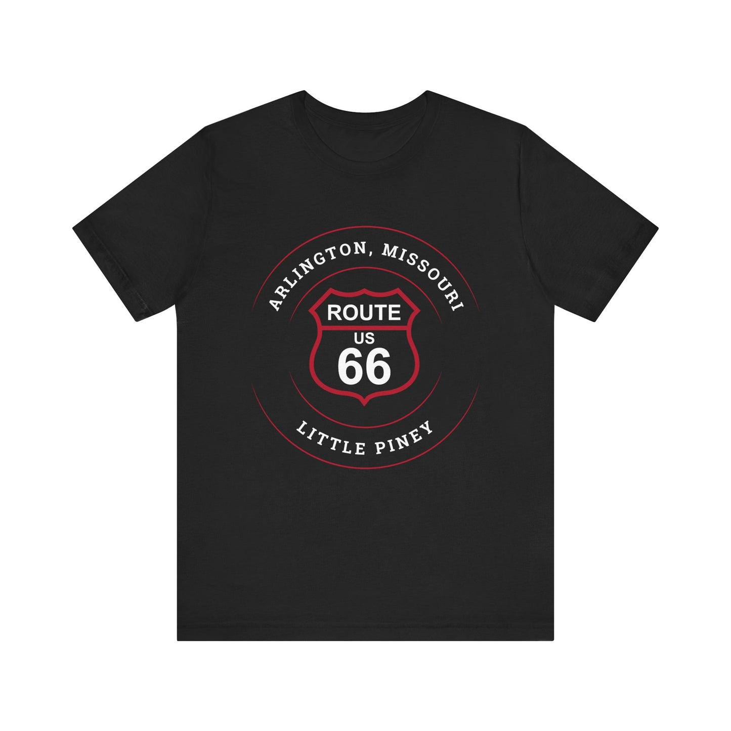 Black retro Route 66 unisex jersey tee with Arlington, MO: "Little Piney" design
