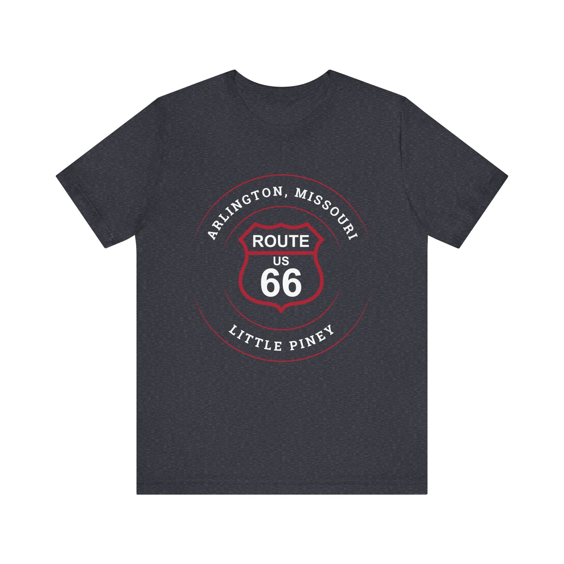 Dark grey heather retro Route 66 unisex jersey tee with Arlington, MO: "Little Piney" design