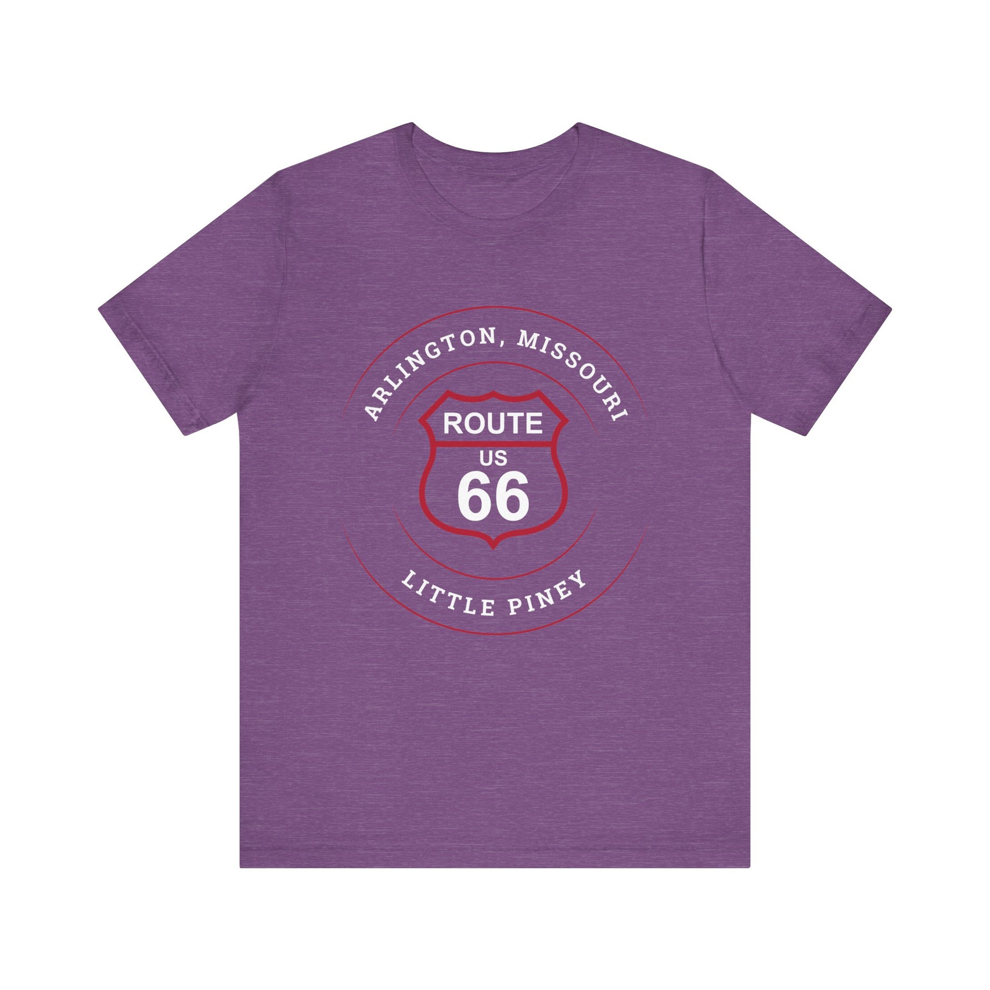 Heather team purple retro Route 66 unisex jersey tee with Arlington, MO: "Little Piney" design