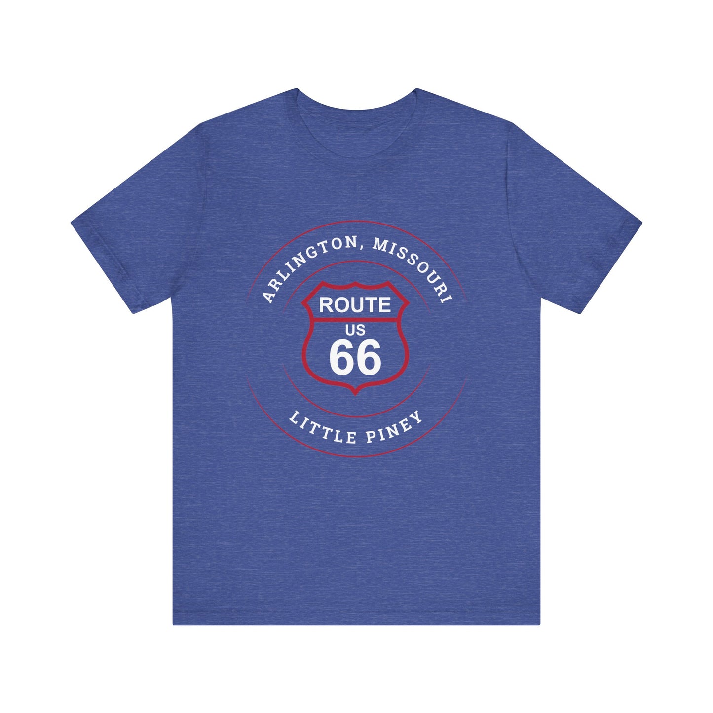 Heather true royal retro Route 66 unisex jersey tee with Arlington, MO: "Little Piney" design