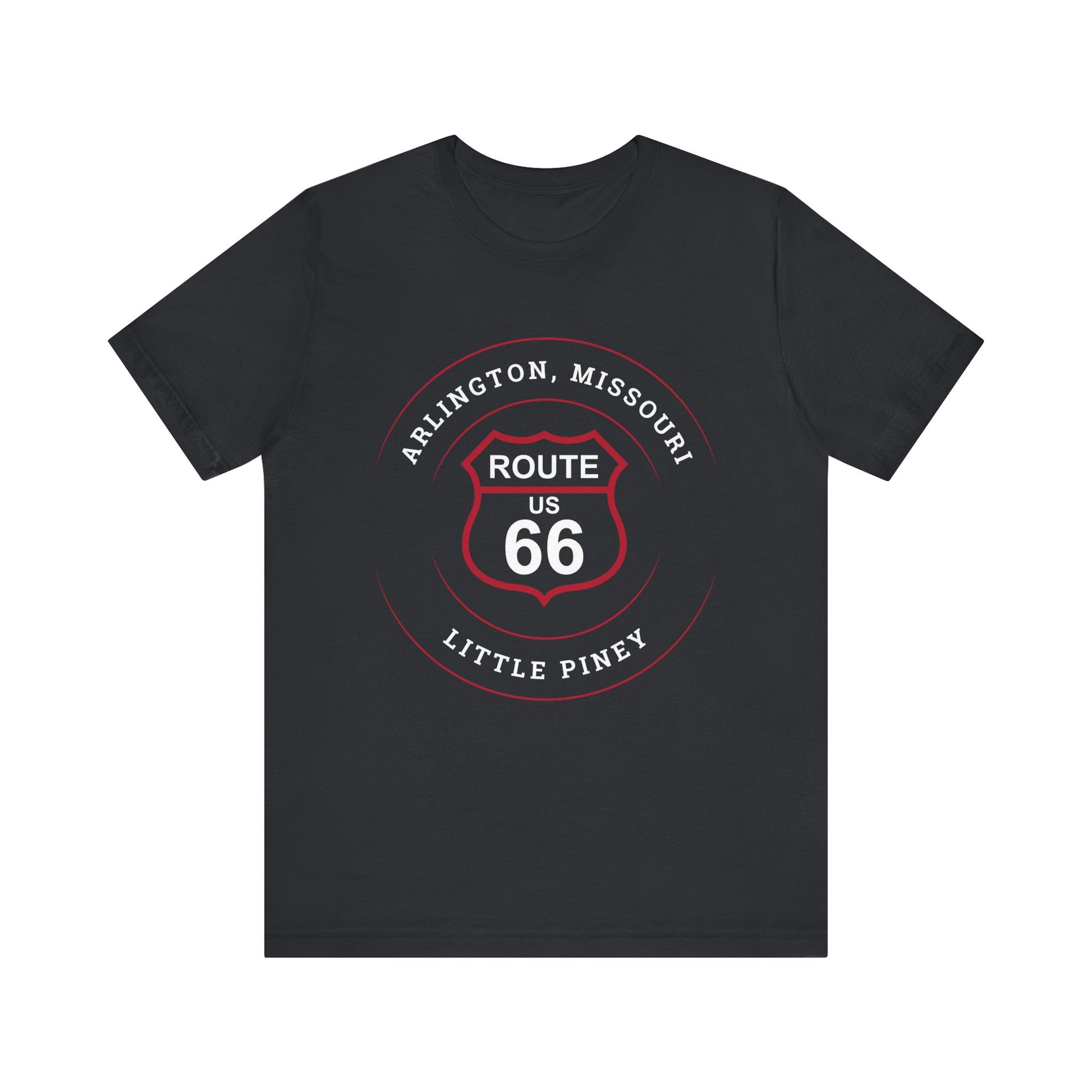 Vintage black retro Route 66 unisex jersey tee with Arlington, MO: "Little Piney" design