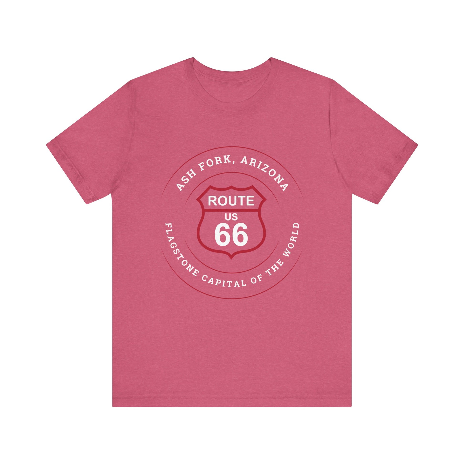 Heather raspberry retro Route 66 unisex jersey tee with Ash Fork, AZ: "Flagstone Capital of the World" design