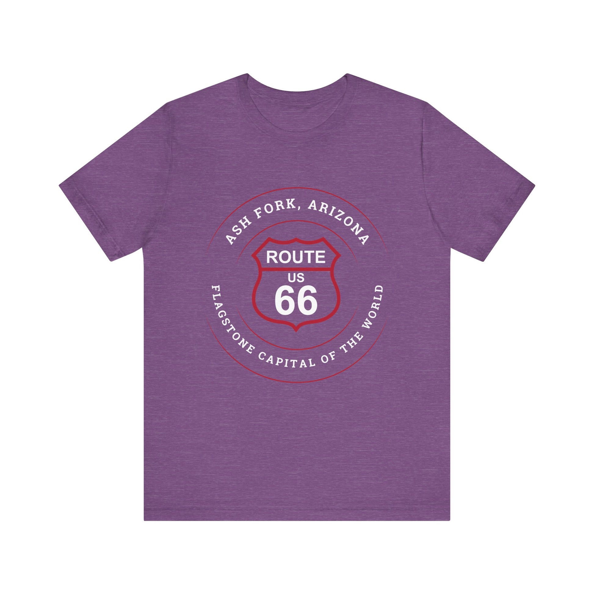Heather team purple retro Route 66 unisex jersey tee with Ash Fork, AZ: "Flagstone Capital of the World" design