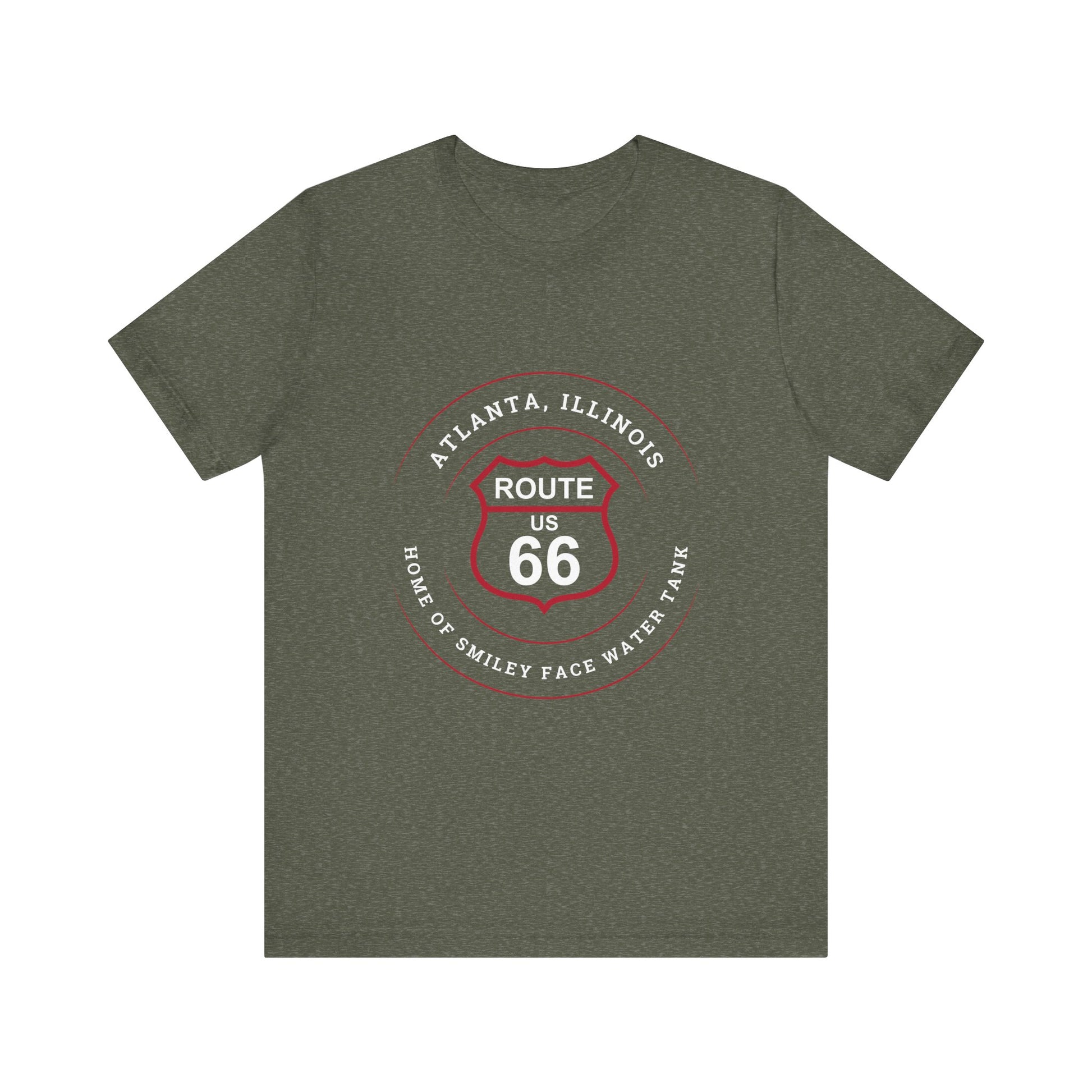 Heather military green retro Route 66 unisex jersey tee with Atlanta, IL:: "Home of Smiley Face Water Tank" design