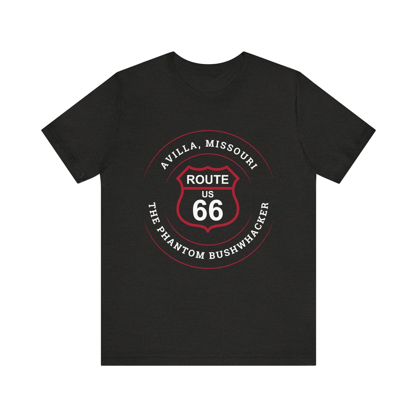 Black heather retro Route 66 unisex jersey tee with Avilla, MO "The Phantom Bushwhacker" design