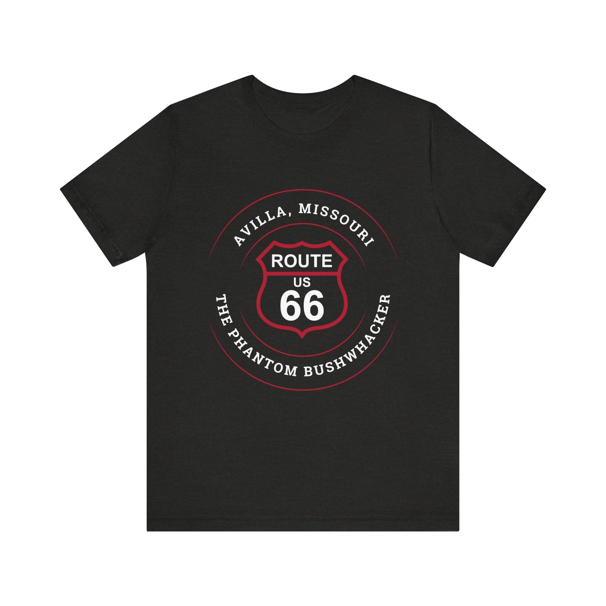 Black heather retro Route 66 unisex jersey tee with Avilla, MO "The Phantom Bushwhacker" design