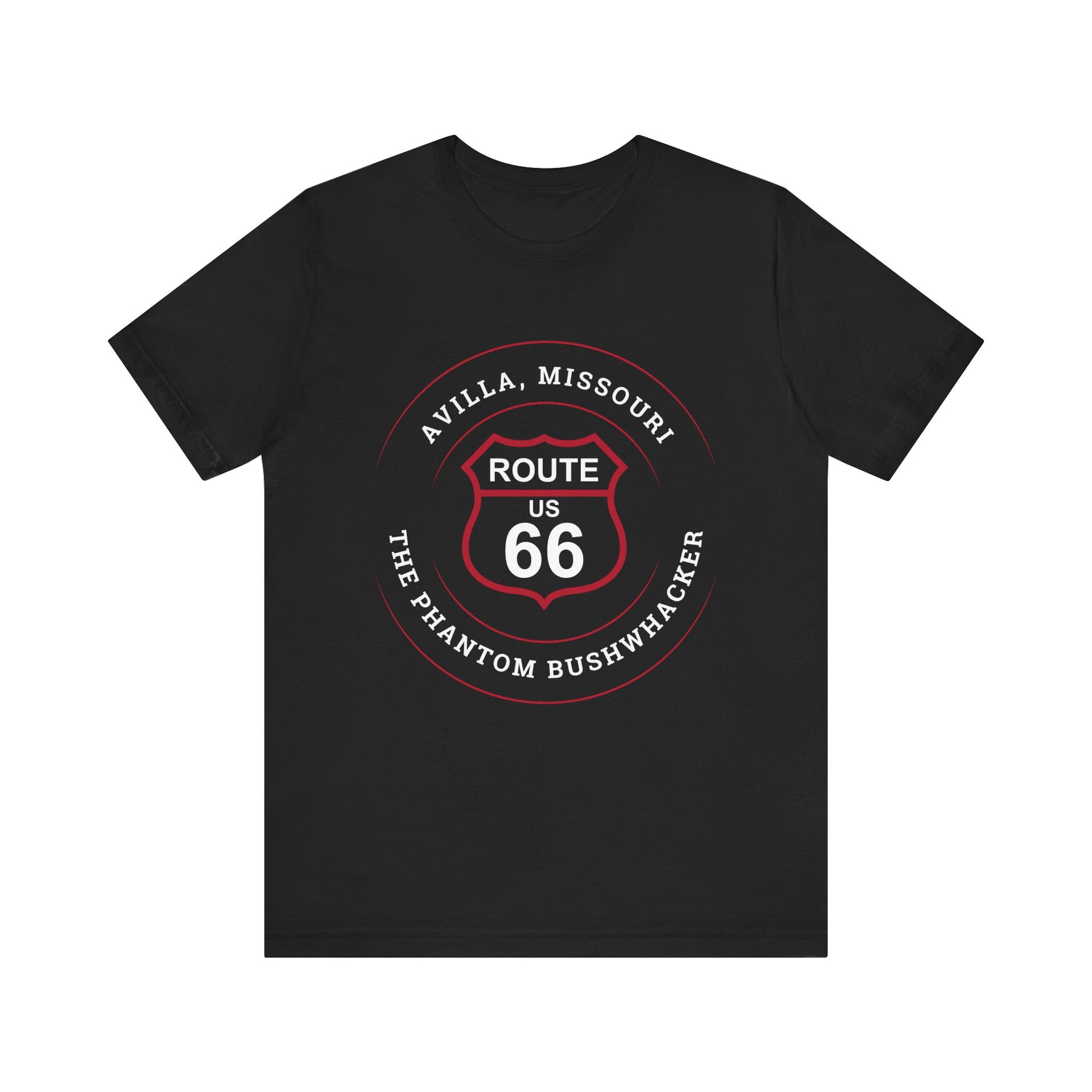Black retro Route 66 unisex jersey tee with Avilla, MO "The Phantom Bushwhacker" design