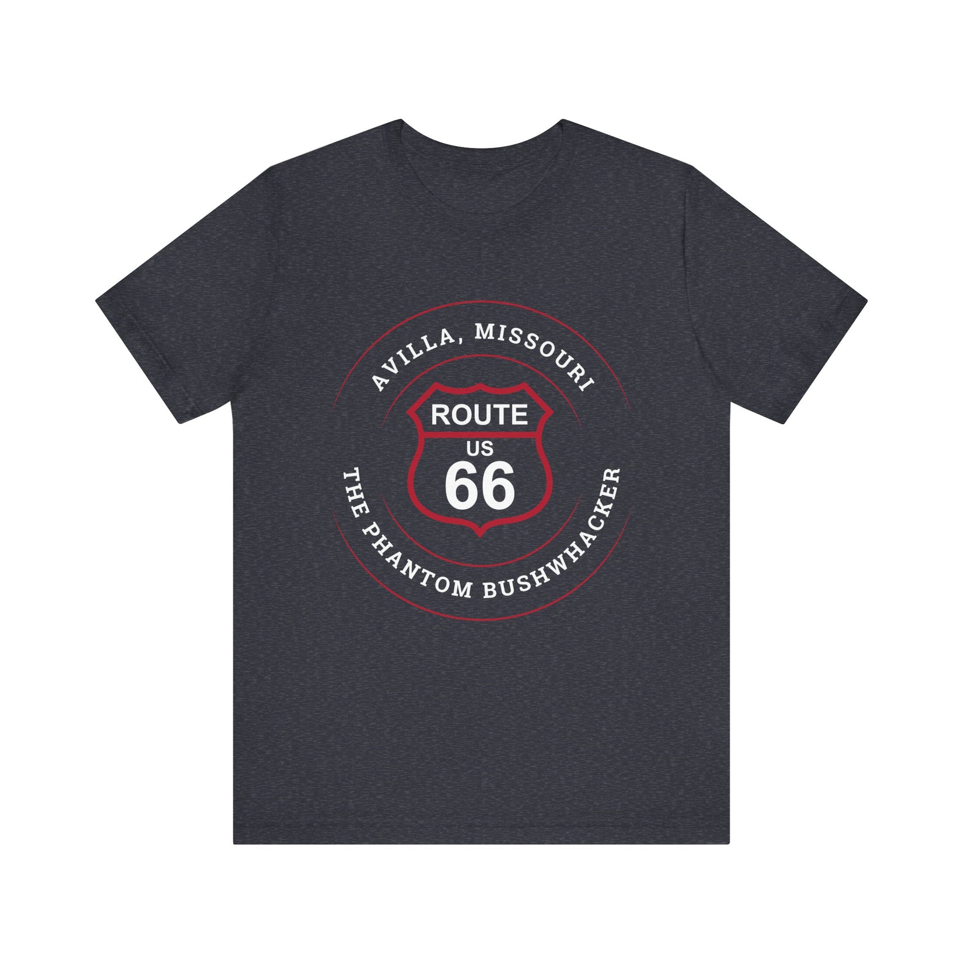 Heather navy retro Route 66 unisex jersey tee with Avilla, MO "The Phantom Bushwhacker" design