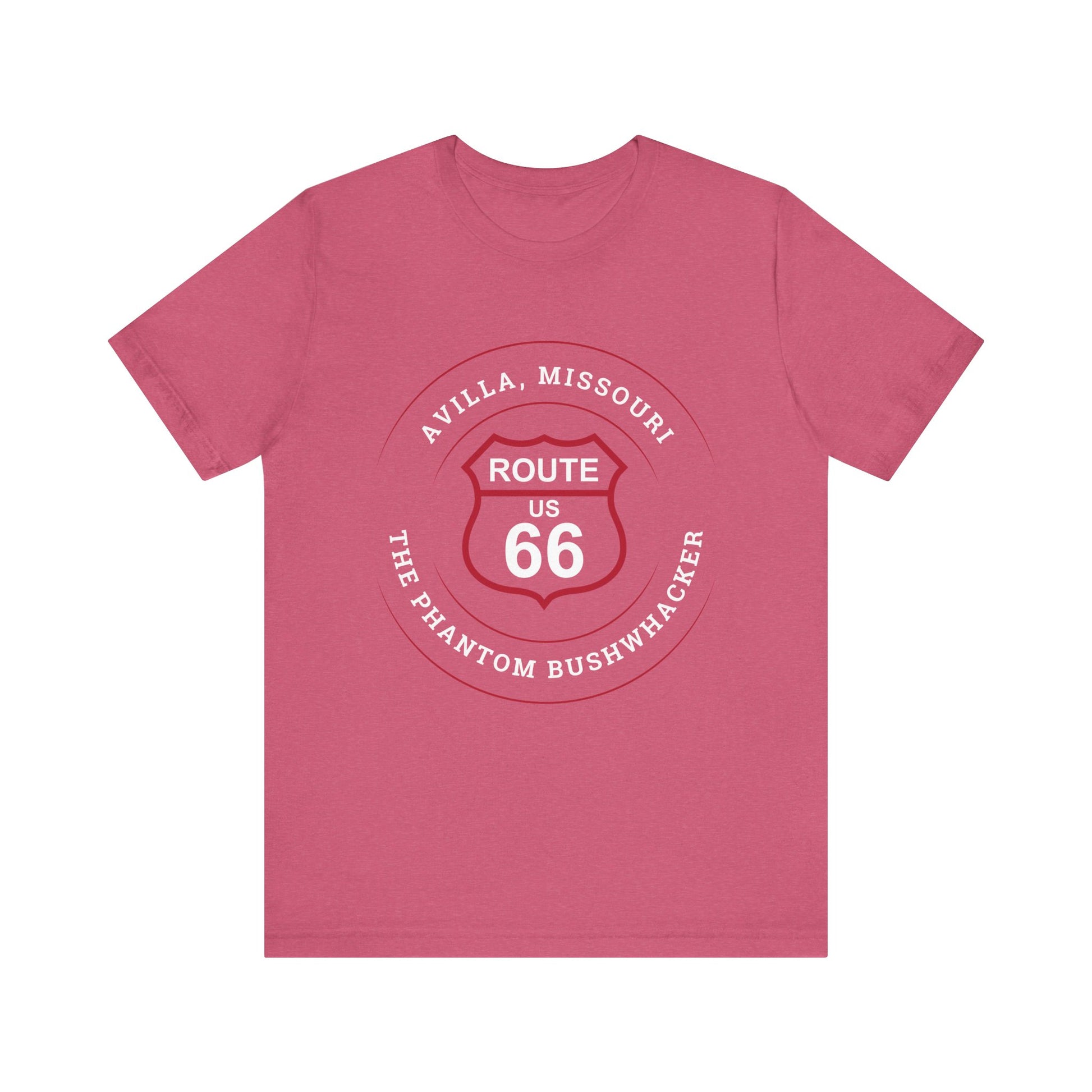 Heather raspberry retro Route 66 unisex jersey tee with Avilla, MO "The Phantom Bushwhacker" design