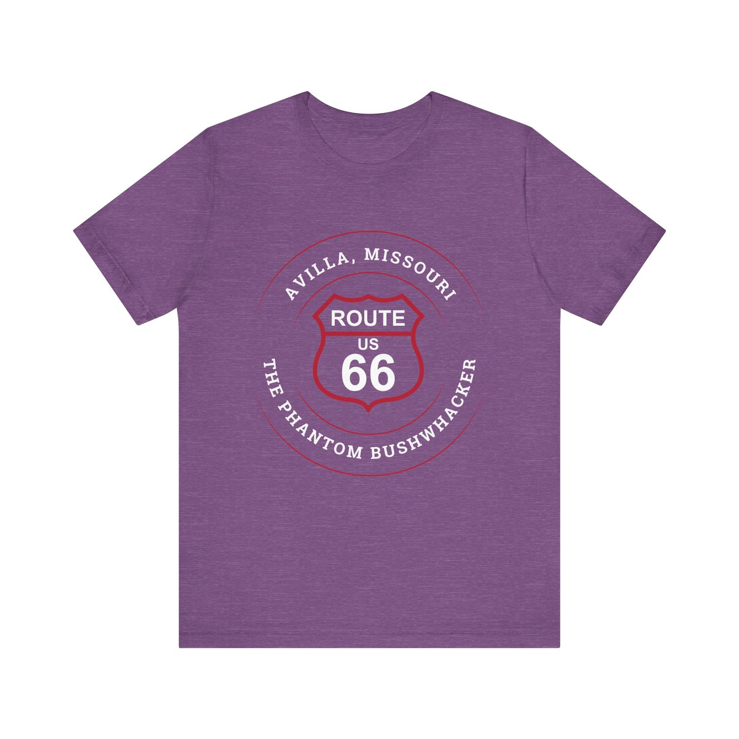 Heather team purple retro Route 66 unisex jersey tee with Avilla, MO "The Phantom Bushwhacker" design