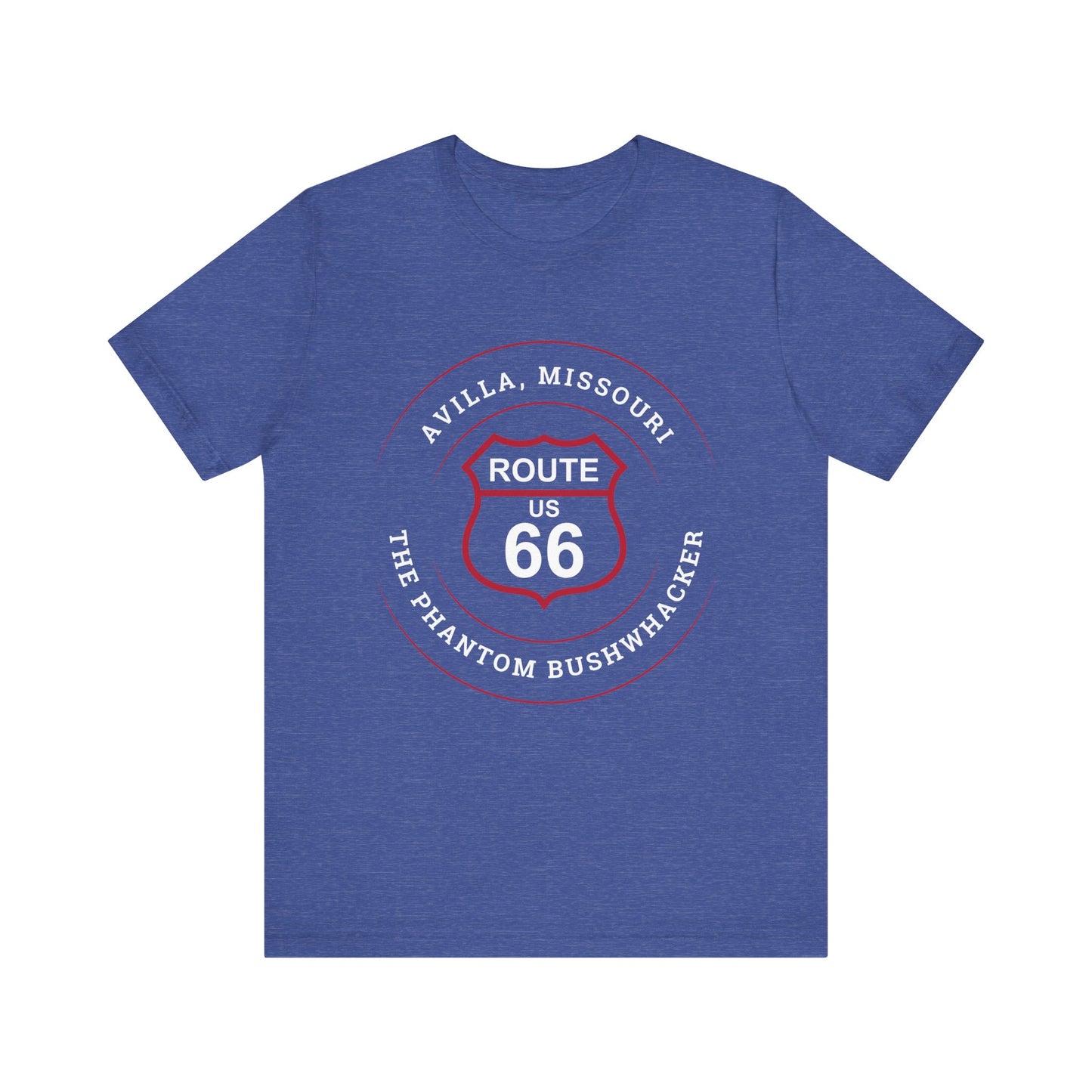 Heather true royal retro Route 66 unisex jersey tee with Avilla, MO "The Phantom Bushwhacker" design