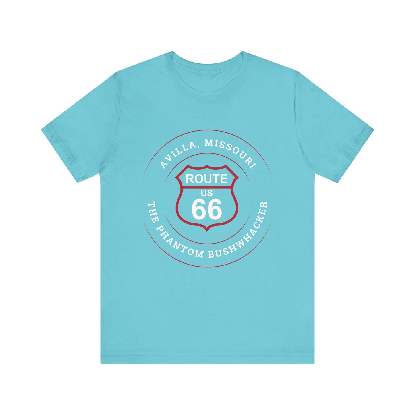Turquoise retro Route 66 unisex jersey tee with Avilla, MO "The Phantom Bushwhacker" design