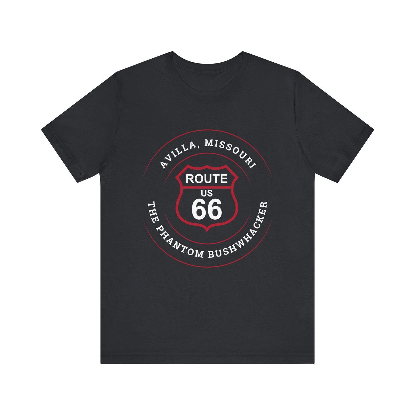 Vintage black retro Route 66 unisex jersey tee with Avilla, MO "The Phantom Bushwhacker" design