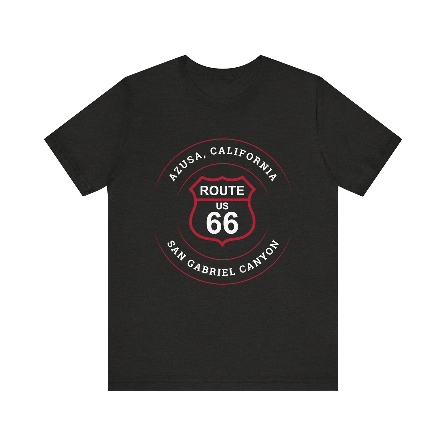 Black heather retro Route 66 unisex jersey tee with Azusa, CA: "San Gabriel Canyon" design