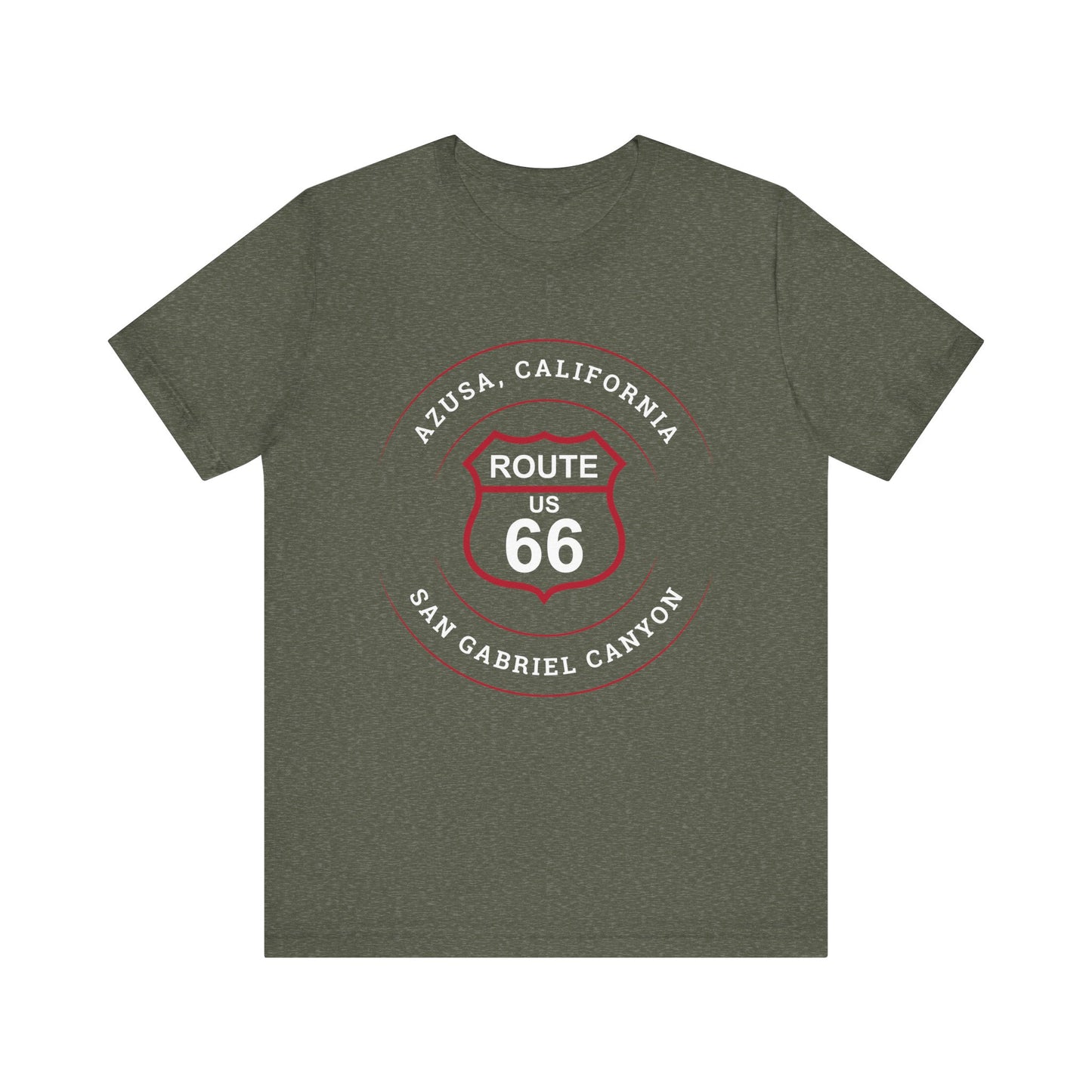 Heather military green retro Route 66 unisex jersey tee with Azusa, CA: "San Gabriel Canyon" design