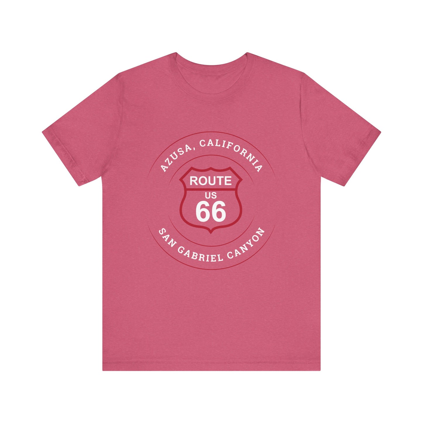 Heather raspberry retro Route 66 unisex jersey tee with Azusa, CA: "San Gabriel Canyon" design