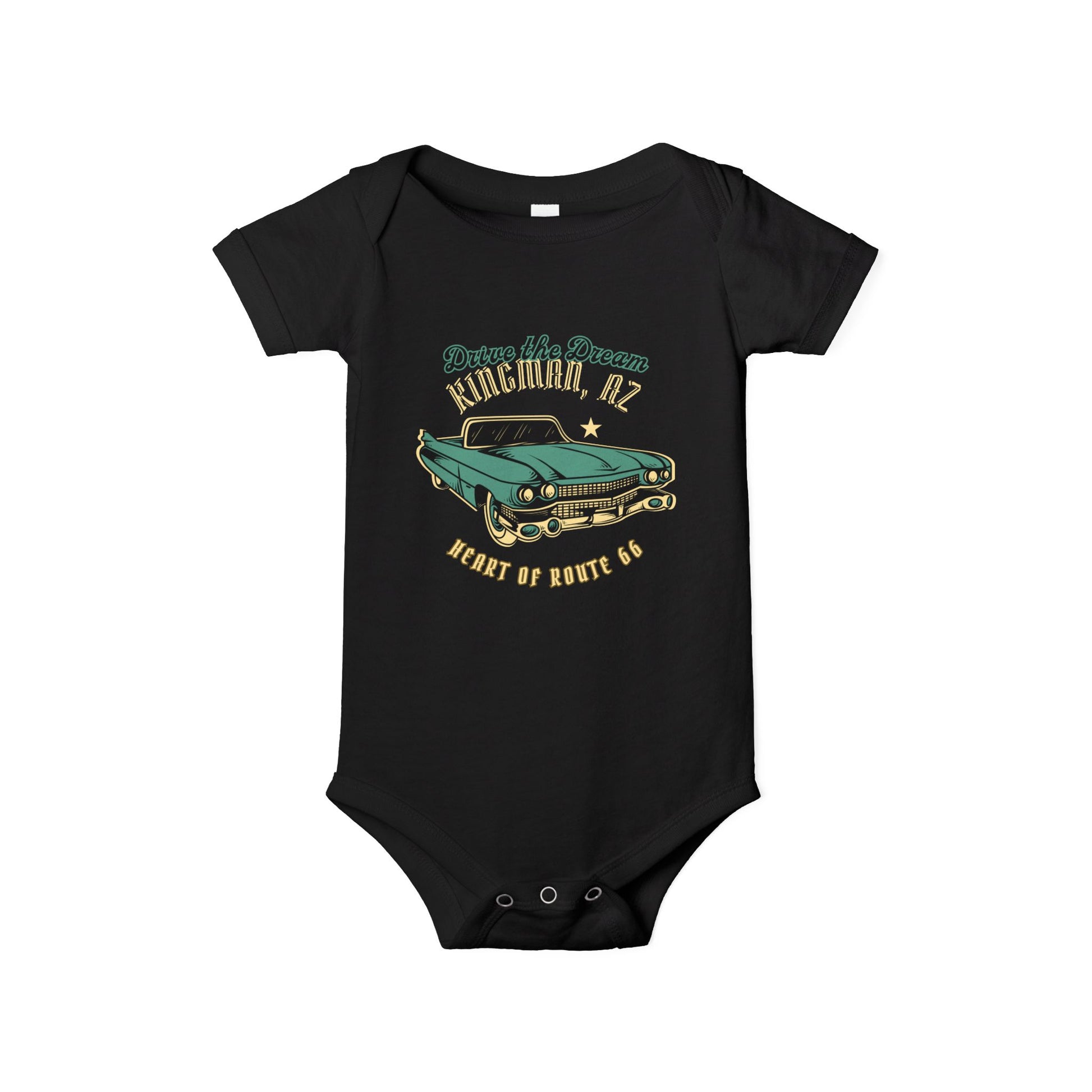 Flat lay of black Route 66 baby bodysuit with vintage car and Kingman AZ Heart of Route 66 graphic
