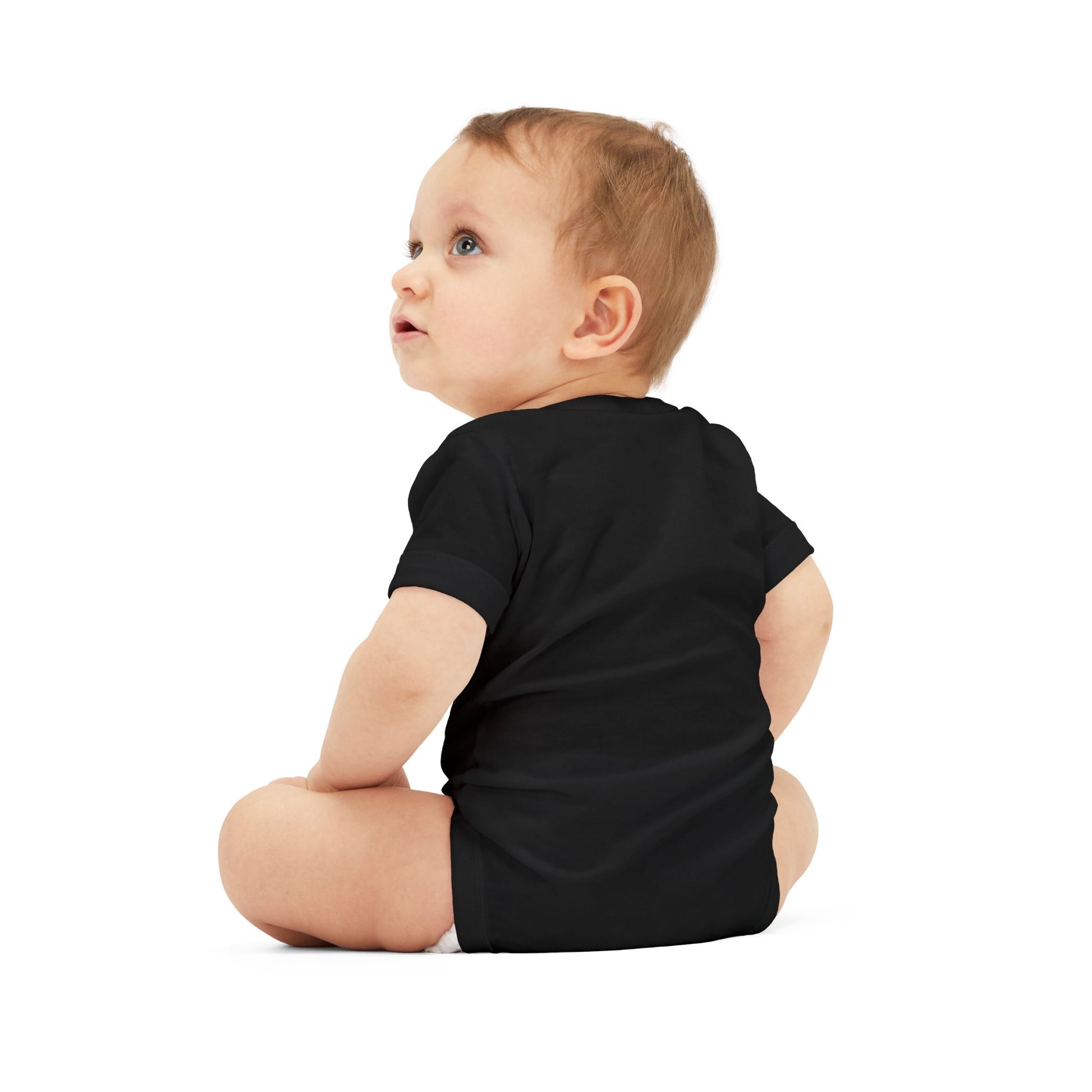 Back view of infant wearing black Route 66 baby bodysuit, soft cotton one-piece with classic car design on the front (not visible on the back)