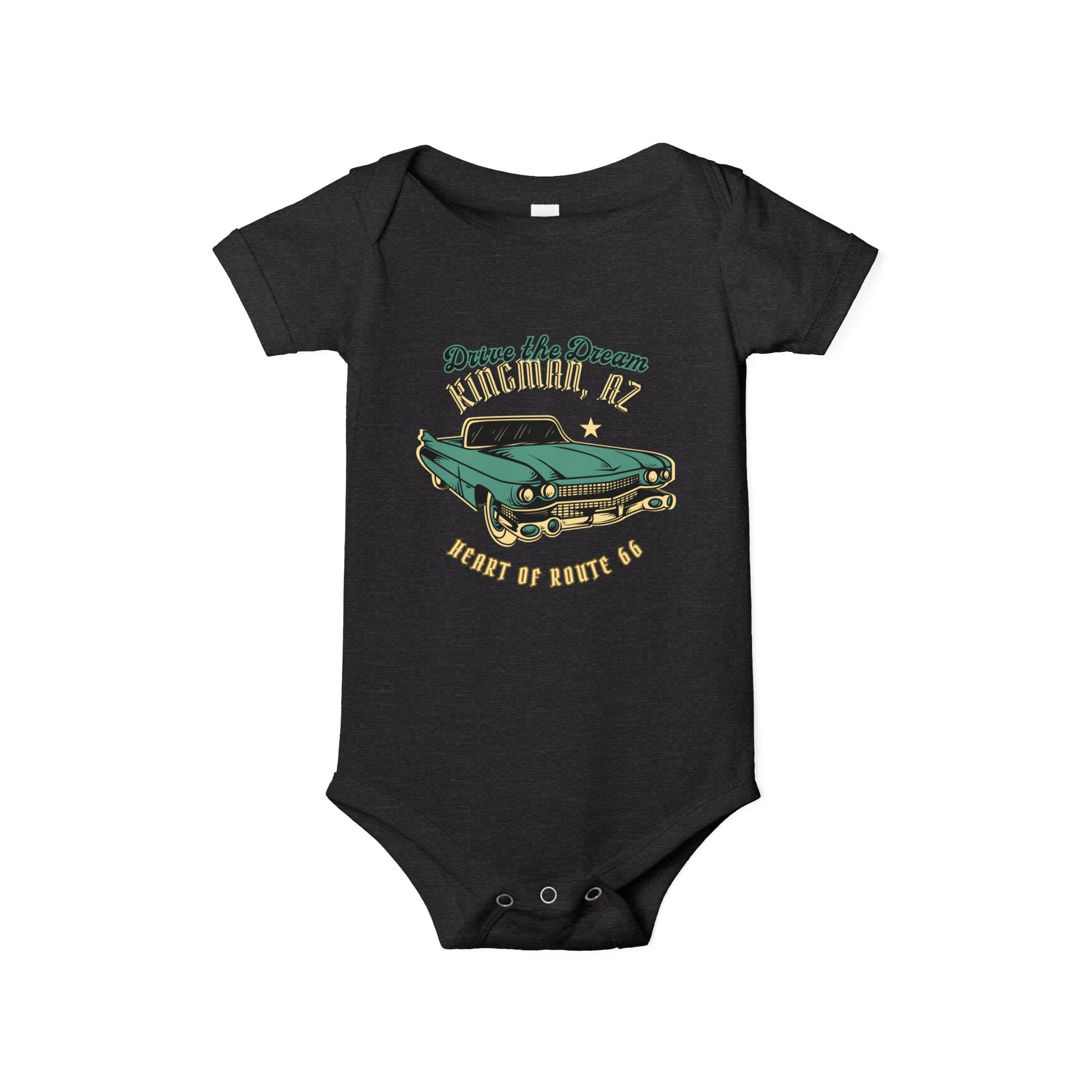 Flat lay of dark grey heather Route 66 baby bodysuit with vintage car and Kingman AZ Heart of Route 66 graphic