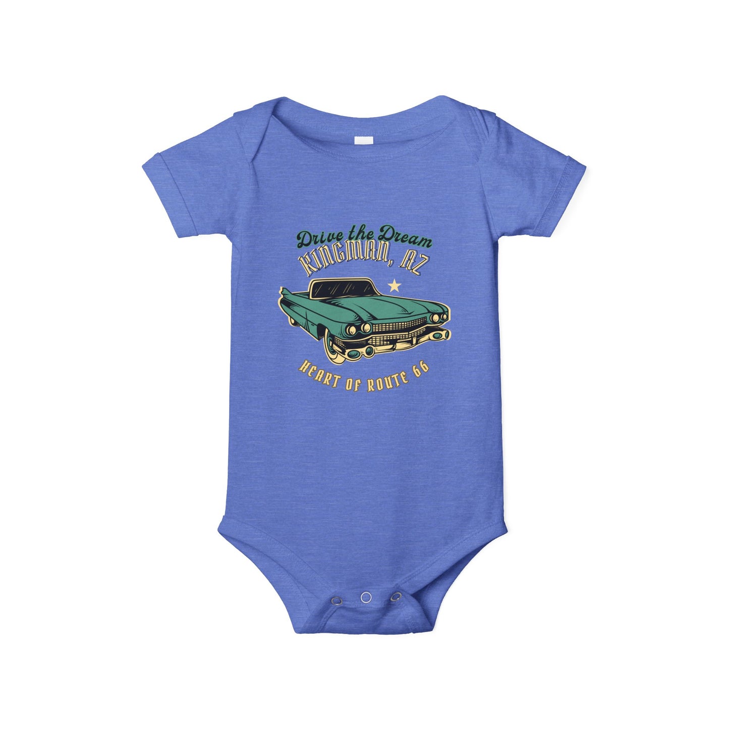 Flat lay of heather columbia blue Route 66 baby bodysuit with vintage car and Kingman AZ Heart of Route 66 graphic