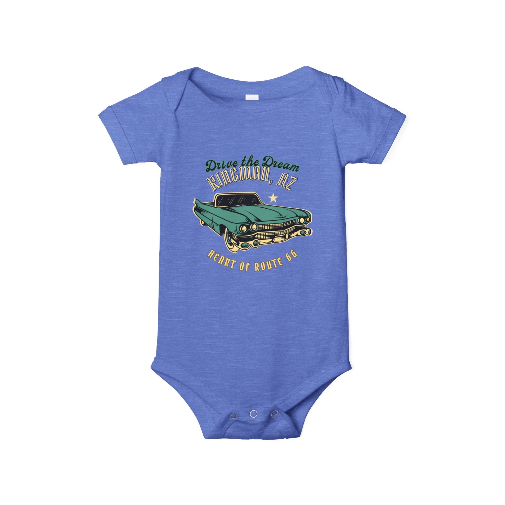 Flat lay of heather columbia blue Route 66 baby bodysuit with vintage car and Kingman AZ Heart of Route 66 graphic