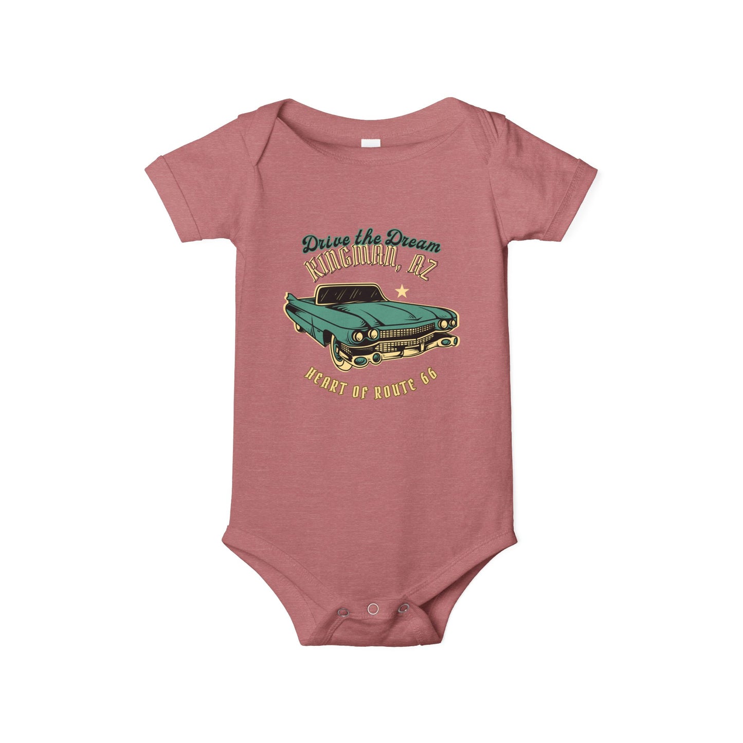 Flat lay of heather mauve Route 66 baby bodysuit with vintage car and Kingman AZ Heart of Route 66 graphic