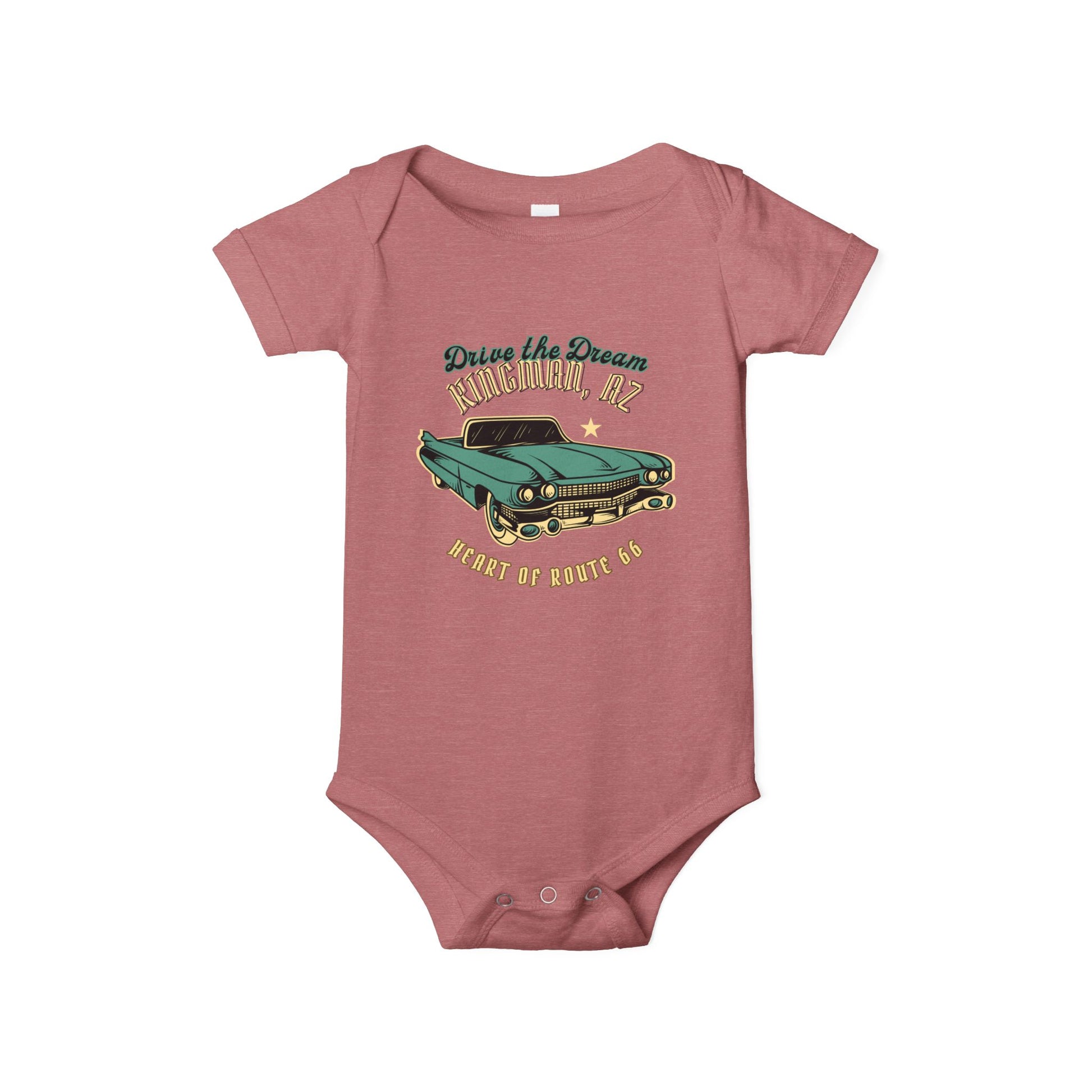 Flat lay of heather mauve Route 66 baby bodysuit with vintage car and Kingman AZ Heart of Route 66 graphic