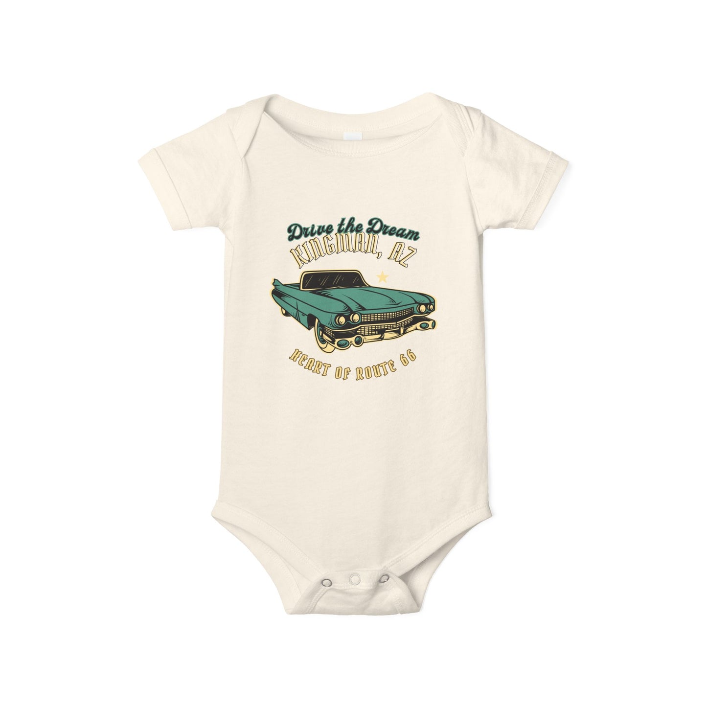 Flat lay of natural Route 66 baby bodysuit with vintage car and Kingman AZ Heart of Route 66 graphic