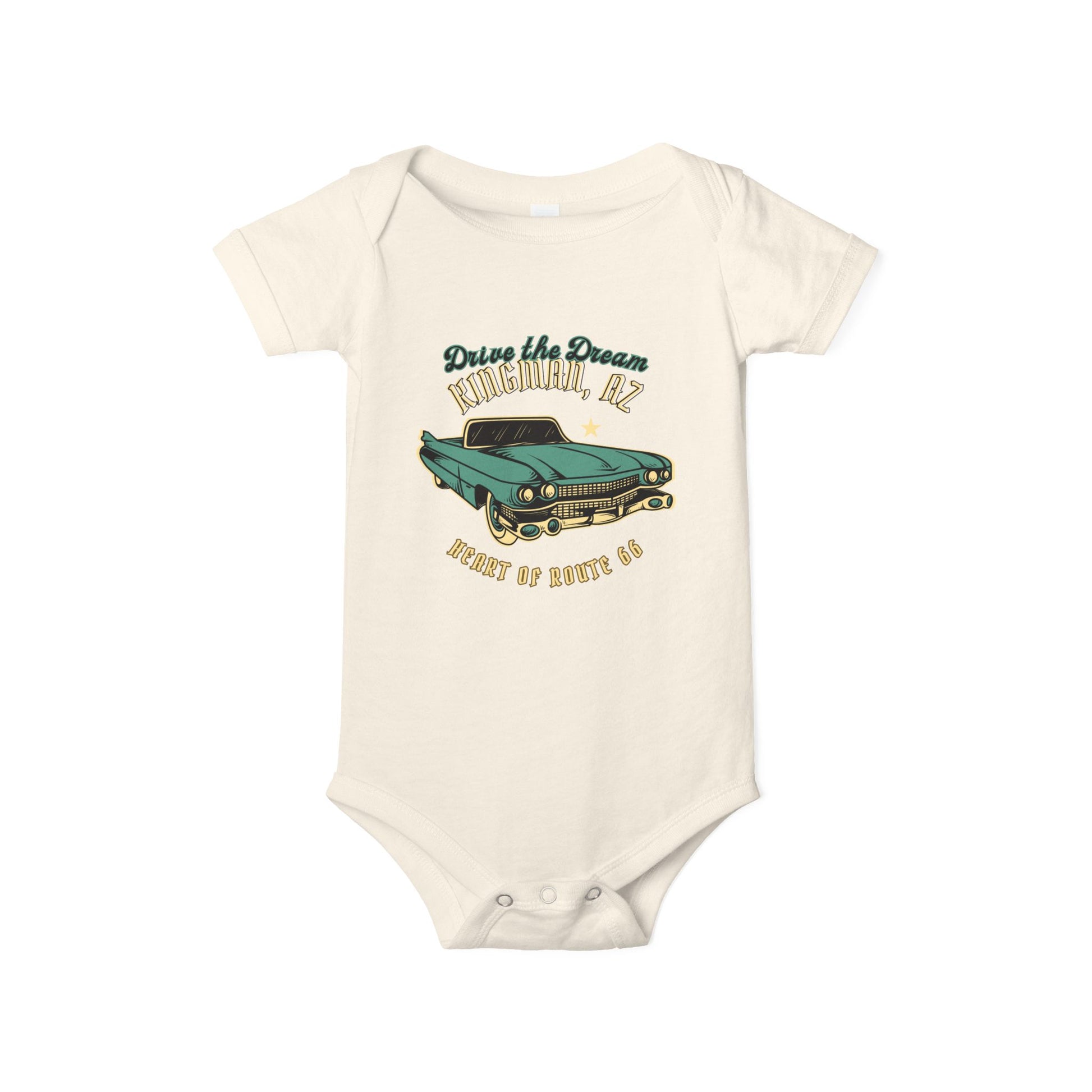 Flat lay of natural Route 66 baby bodysuit with vintage car and Kingman AZ Heart of Route 66 graphic