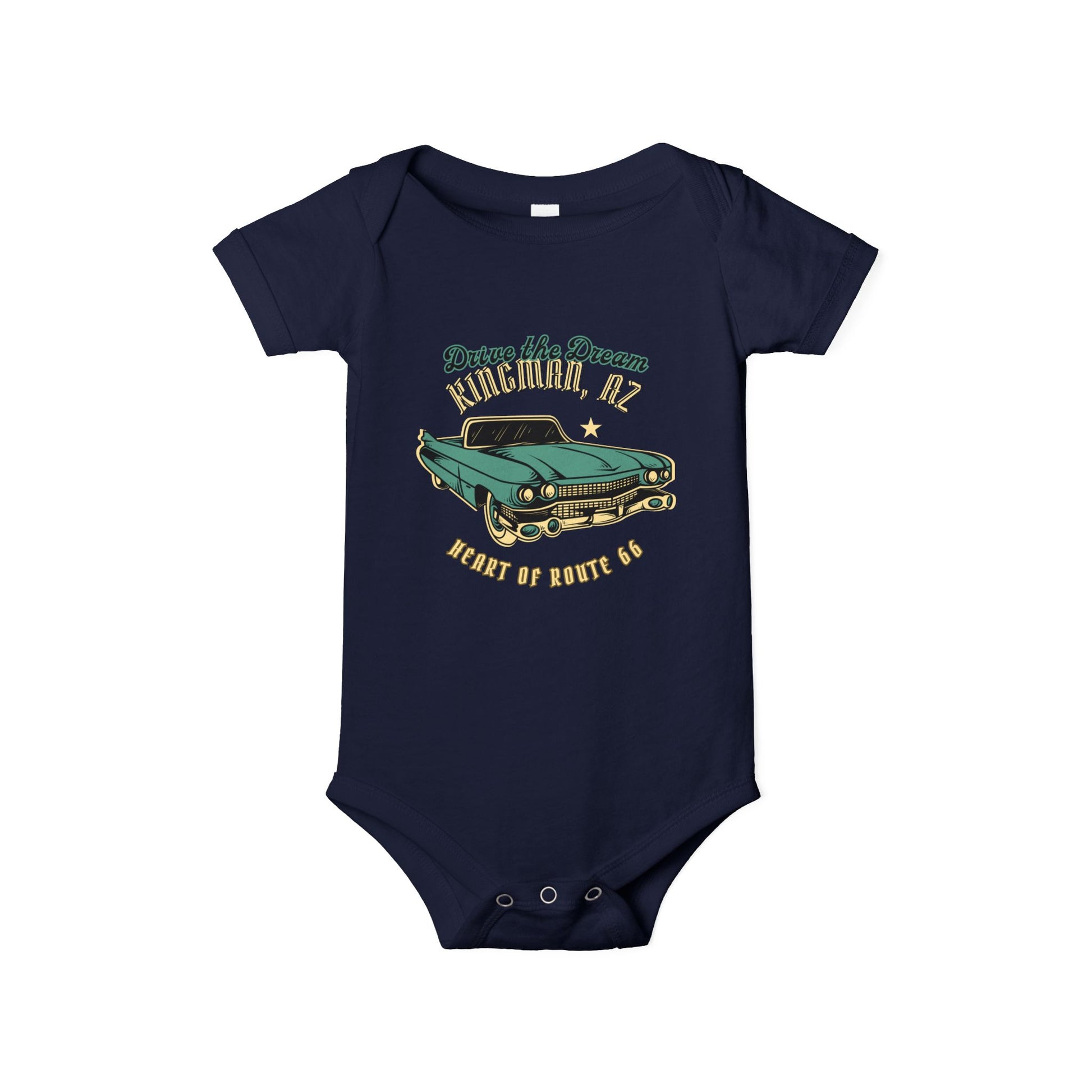 Flat lay of navy Route 66 baby bodysuit with vintage car and Kingman AZ Heart of Route 66 graphic