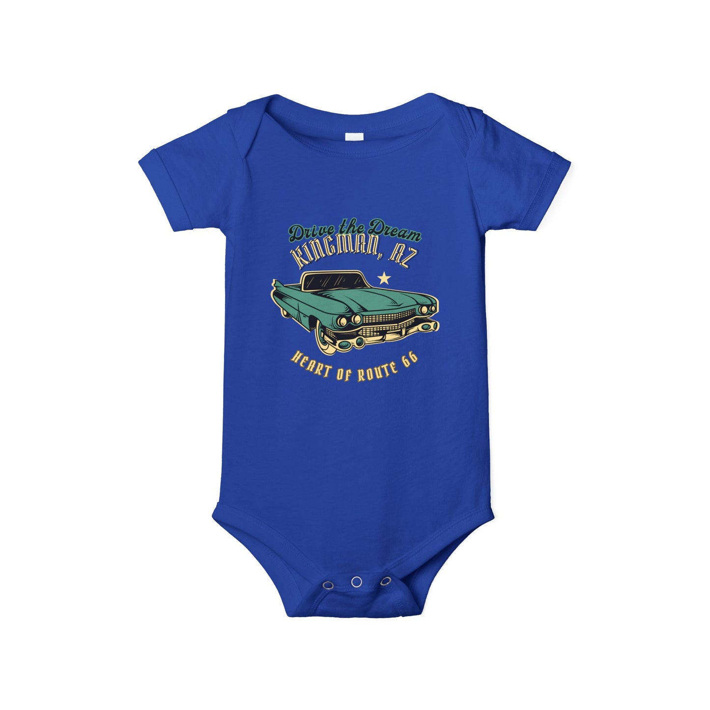 Flat lay of true royal Route 66 baby bodysuit with vintage car and Kingman AZ Heart of Route 66 graphic