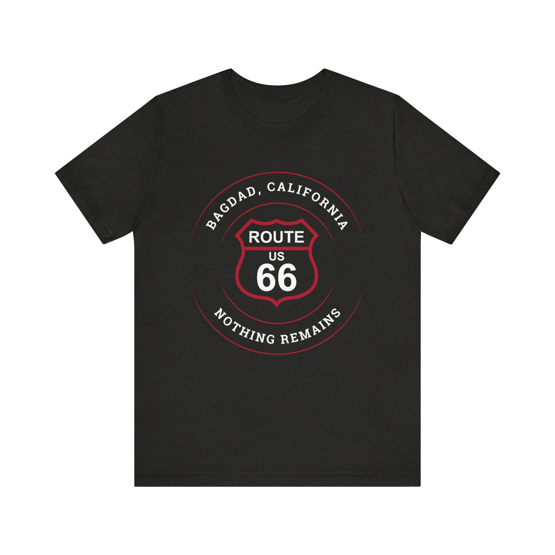 Black heather retro Route 66 unisex jersey tee with Bagdad, CA: "Nothing Remains" design
