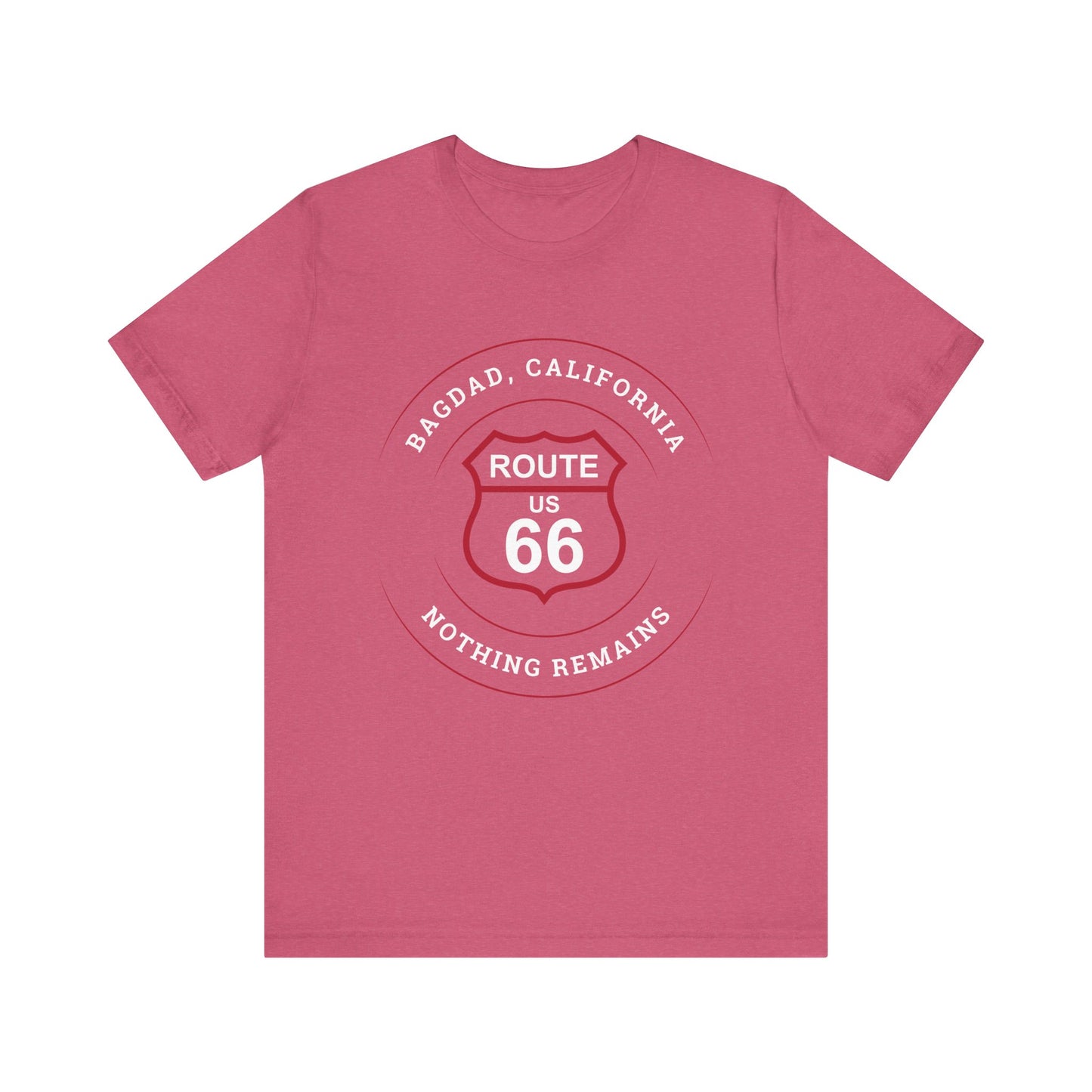 Heather raspberry retro Route 66 unisex jersey tee with Bagdad, CA: "Nothing Remains" design
