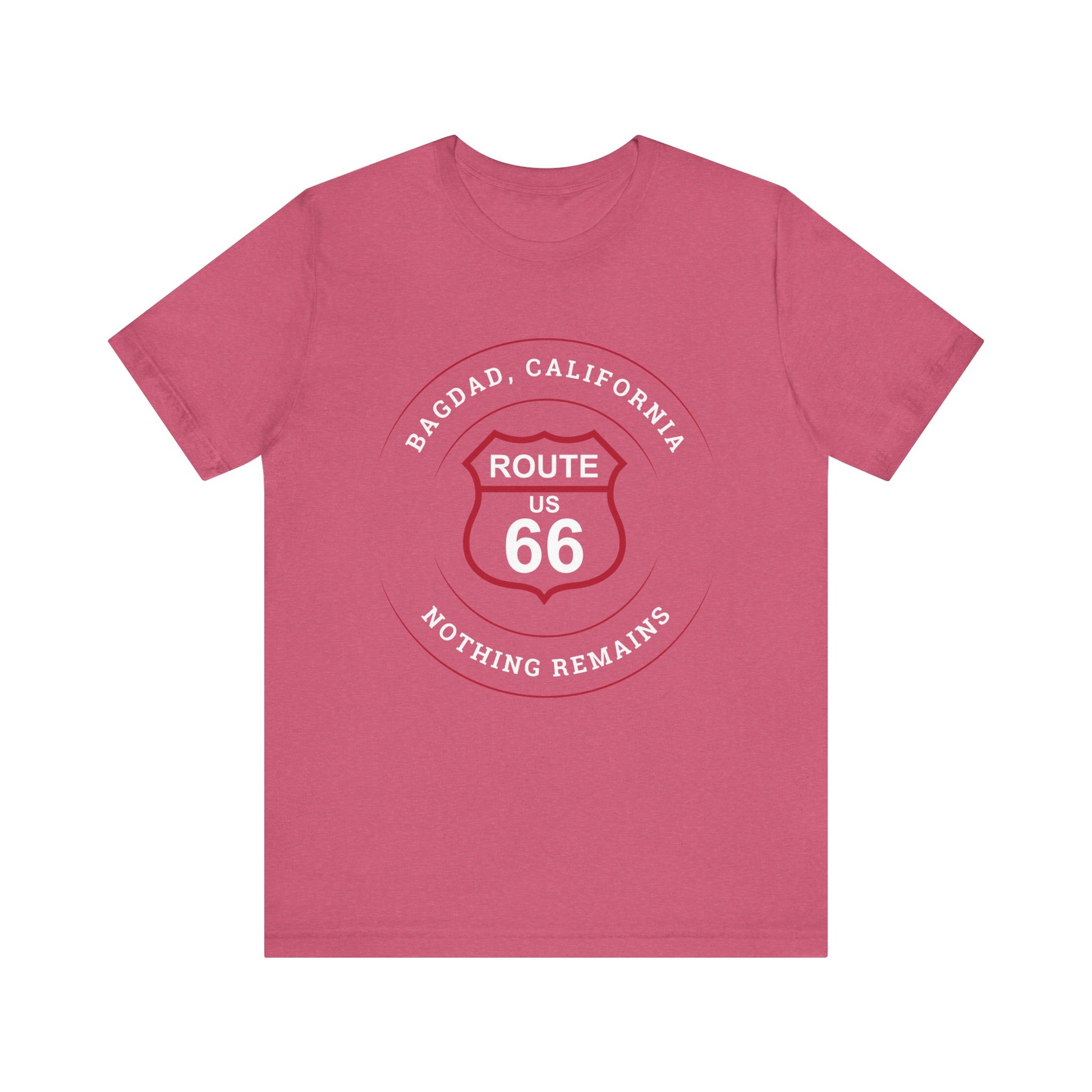 Heather raspberry retro Route 66 unisex jersey tee with Bagdad, CA: "Nothing Remains" design