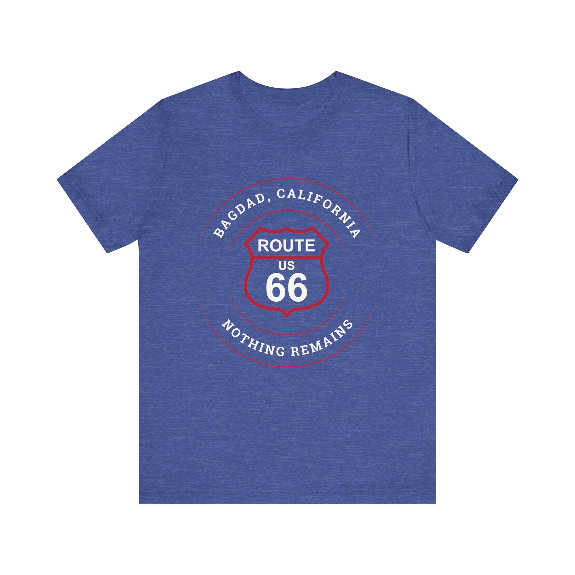 Heather true royal retro Route 66 unisex jersey tee with Bagdad, CA: "Nothing Remains" design