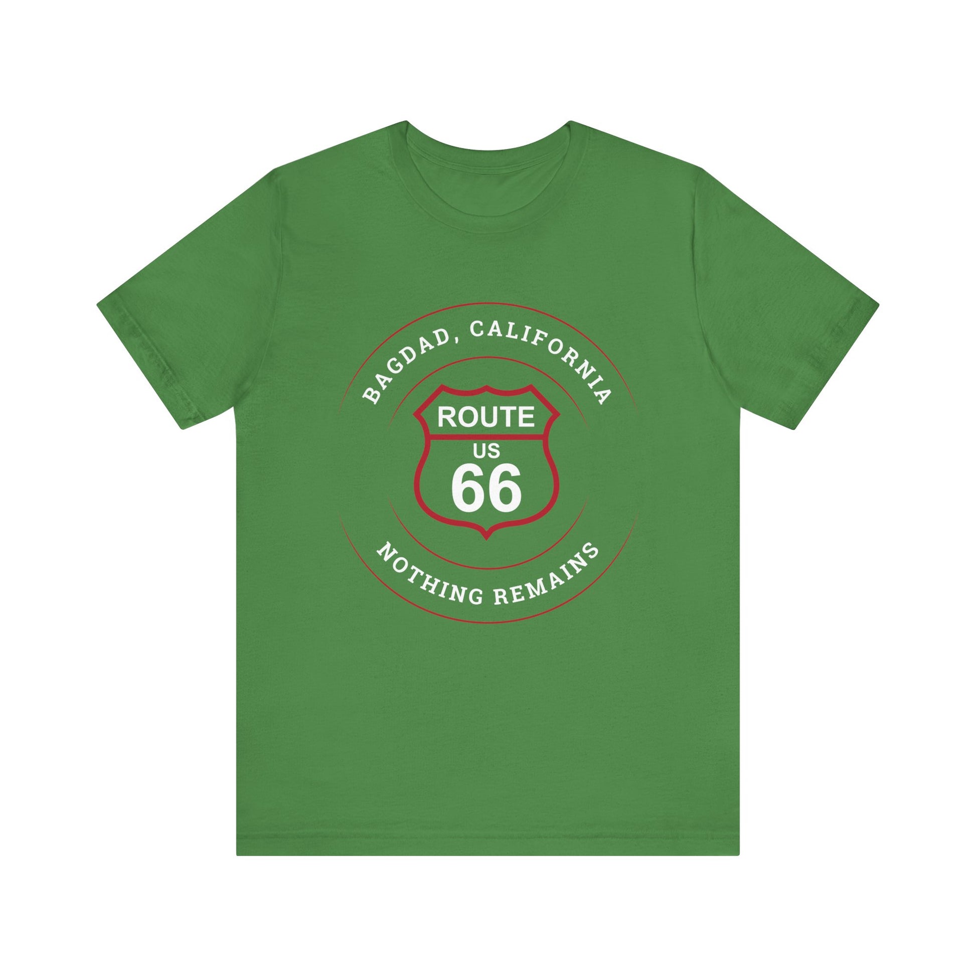 Leaf retro Route 66 unisex jersey tee with Bagdad, CA: "Nothing Remains" design
