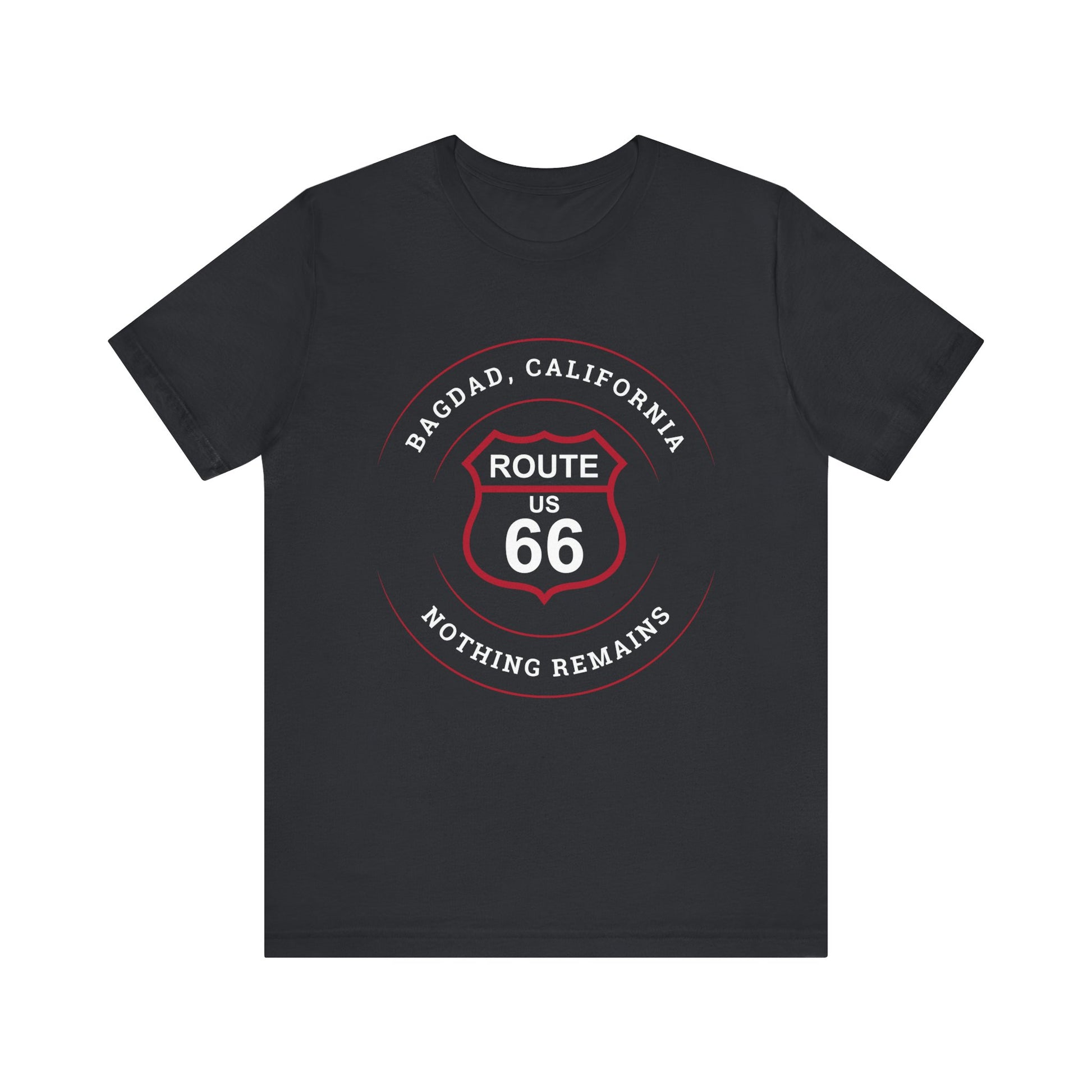 Vintage black retro Route 66 unisex jersey tee with Bagdad, CA: "Nothing Remains" design