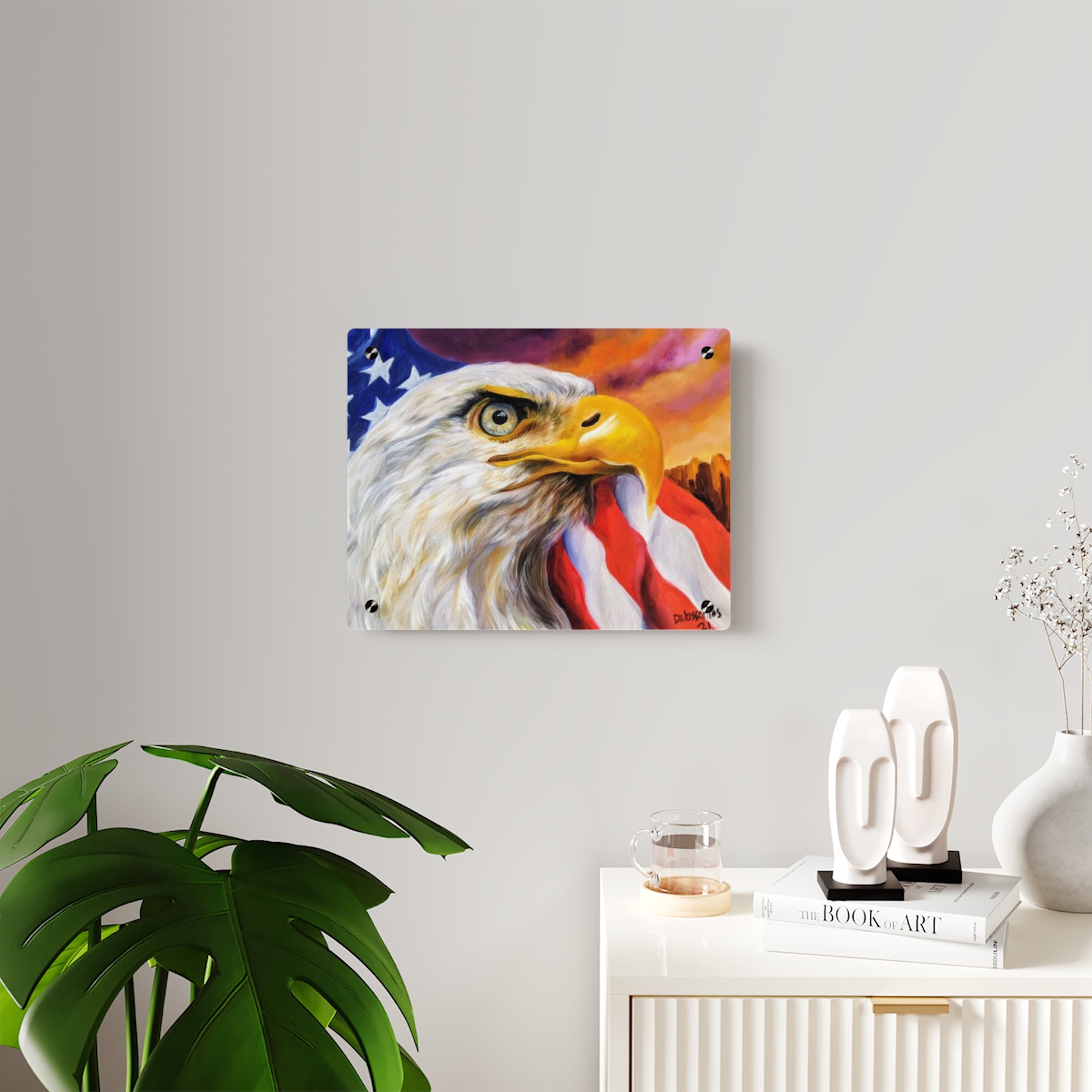 Route 66 bald eagle acrylic wall art displayed in bright living room, providing patriotic American flag artwork which is perfect for home décor and office spaces