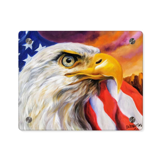 Front view of Route 66 bald eagle acrylic print with bold American flag and desert sunset - vibrant patriotic wall décor.