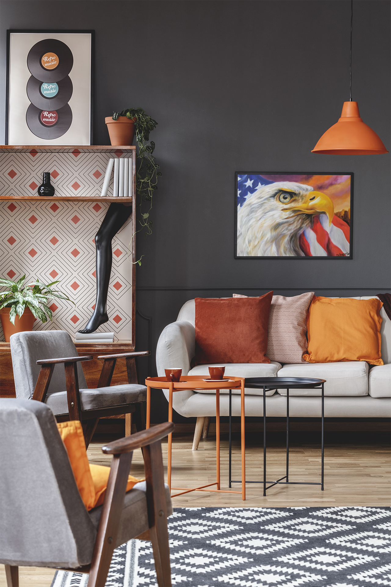 Route 66 bald eagle canvas wall art in moody modern living room with orange accents: perfect patriotic home décor piece