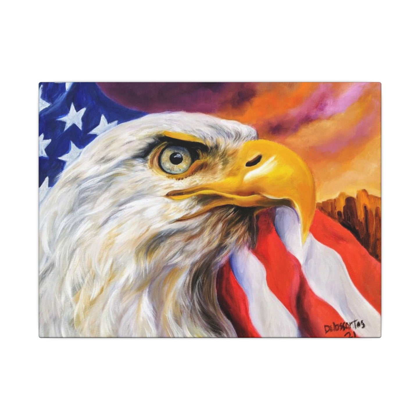 Front view of Route 66 bald eagle canvas print with bold American flag and desert sunset - vibrant patriotic wall décor.