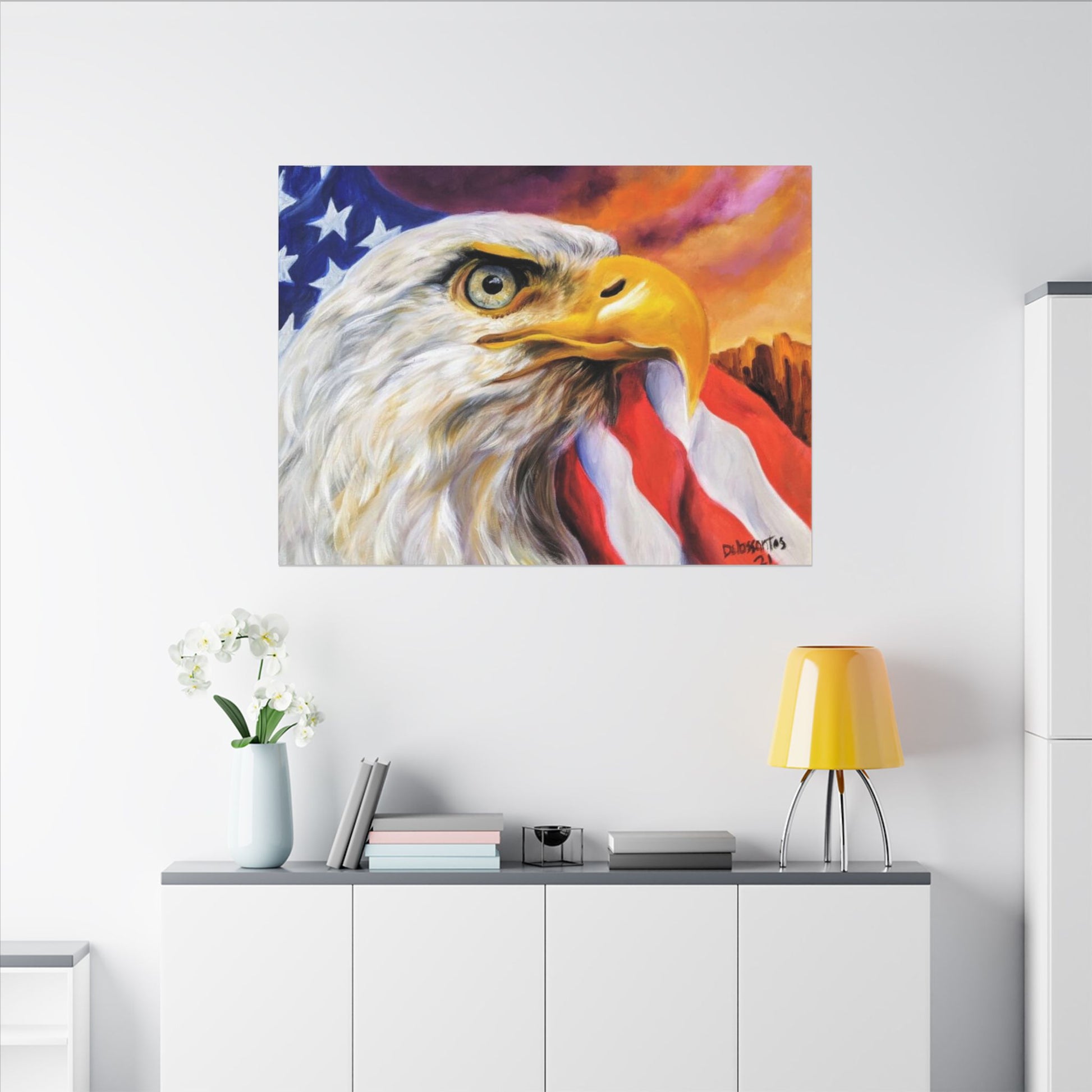 American bald eagle canvas print with flag and sunset displayed above console table — minimal modern patriotic décor.