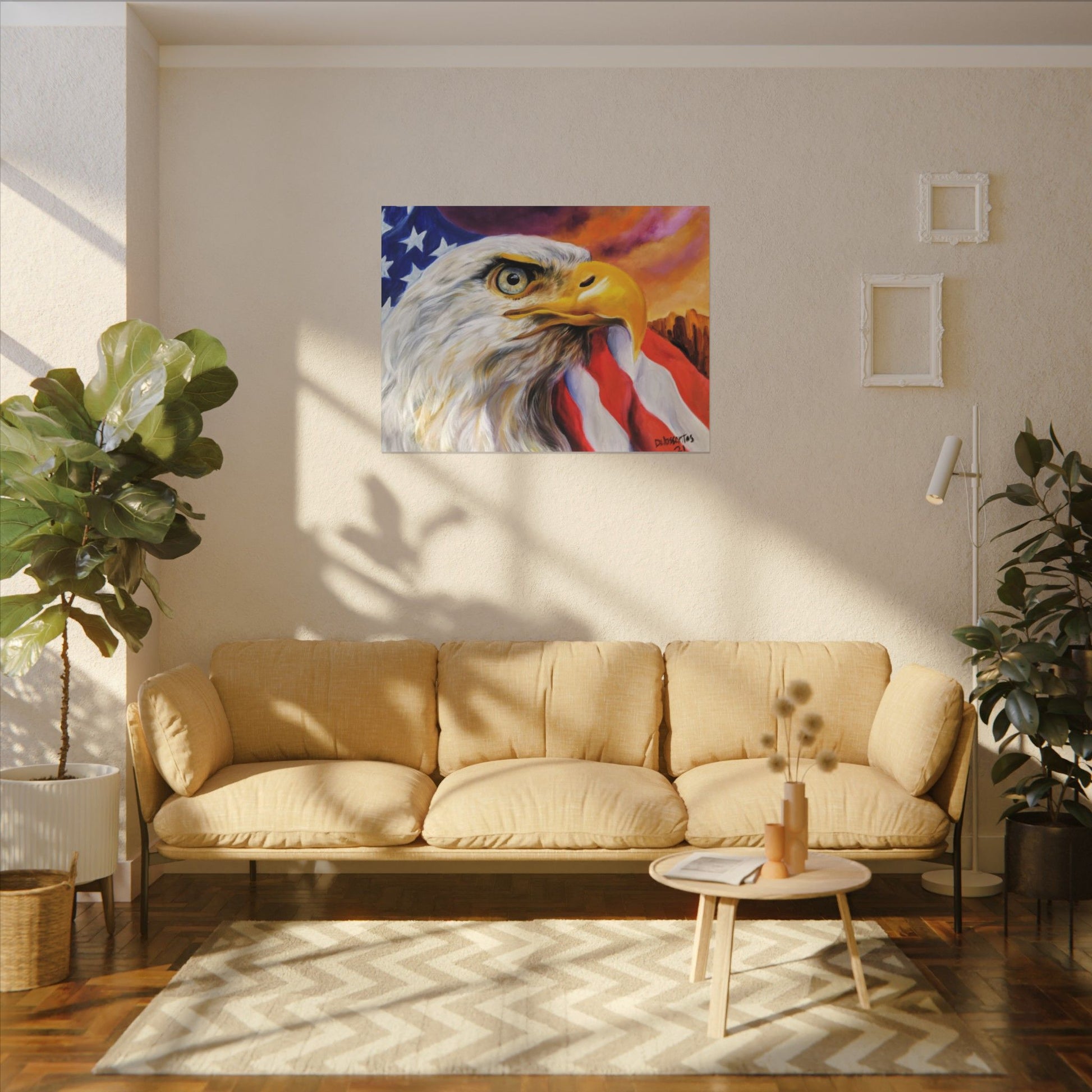 Route 66 bald eagle canvas wall art displayed in bright living room, providing patriotic American flag artwork which is perfect for home décor and office spaces