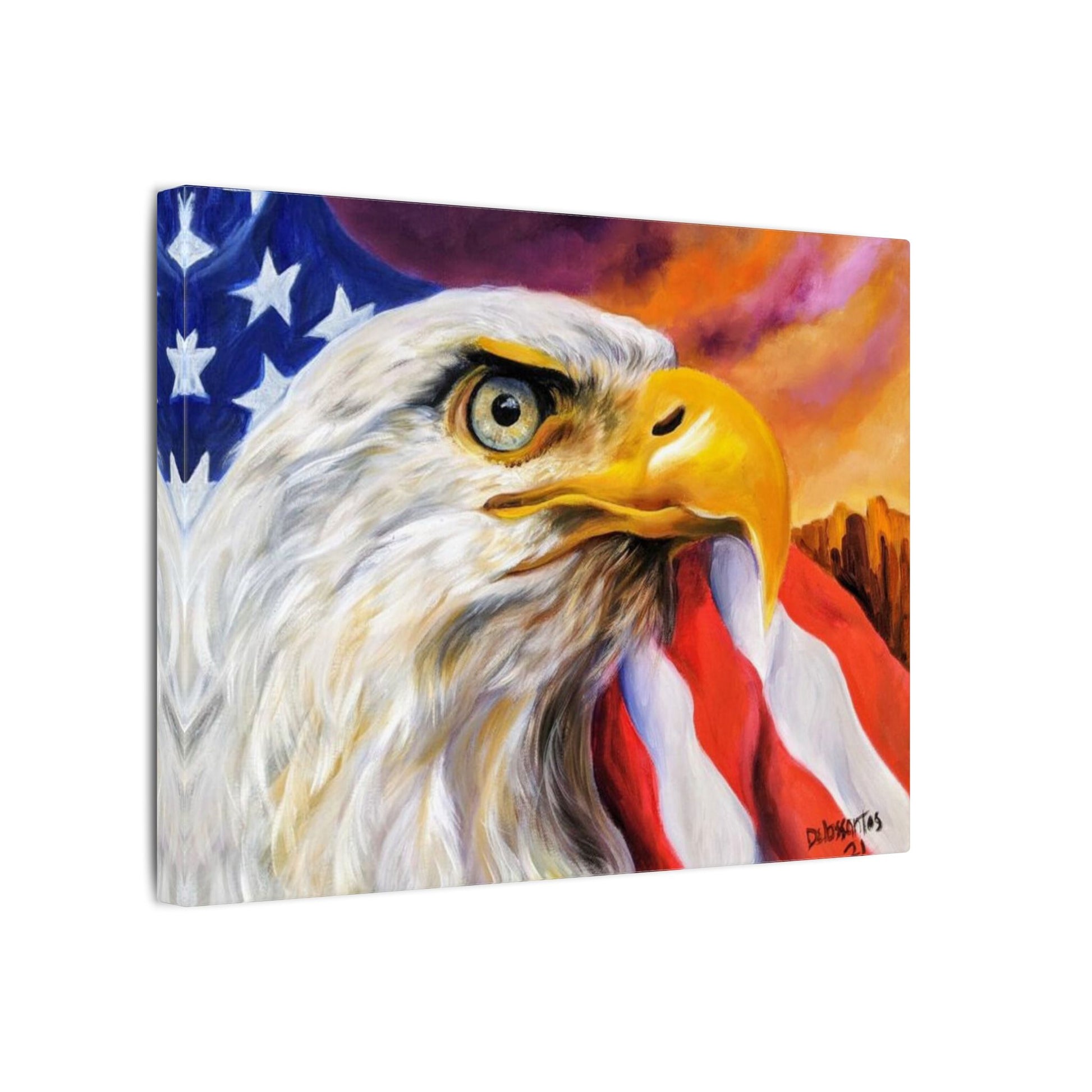 Side angle view of Route 66 bald eagle canvas print - thick gallery-wrapped edges and vivid brushstroke detail.
