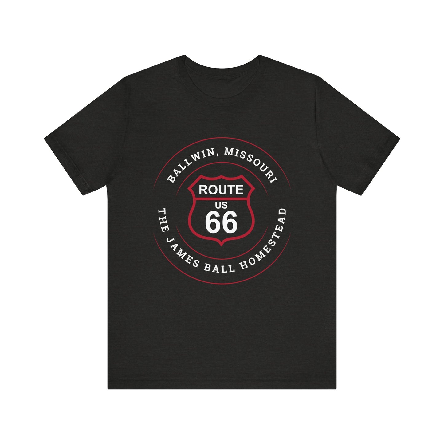 Black heather retro Route 66 unisex jersey tee with Ballwin, MO: "The James Ball Homestead" design