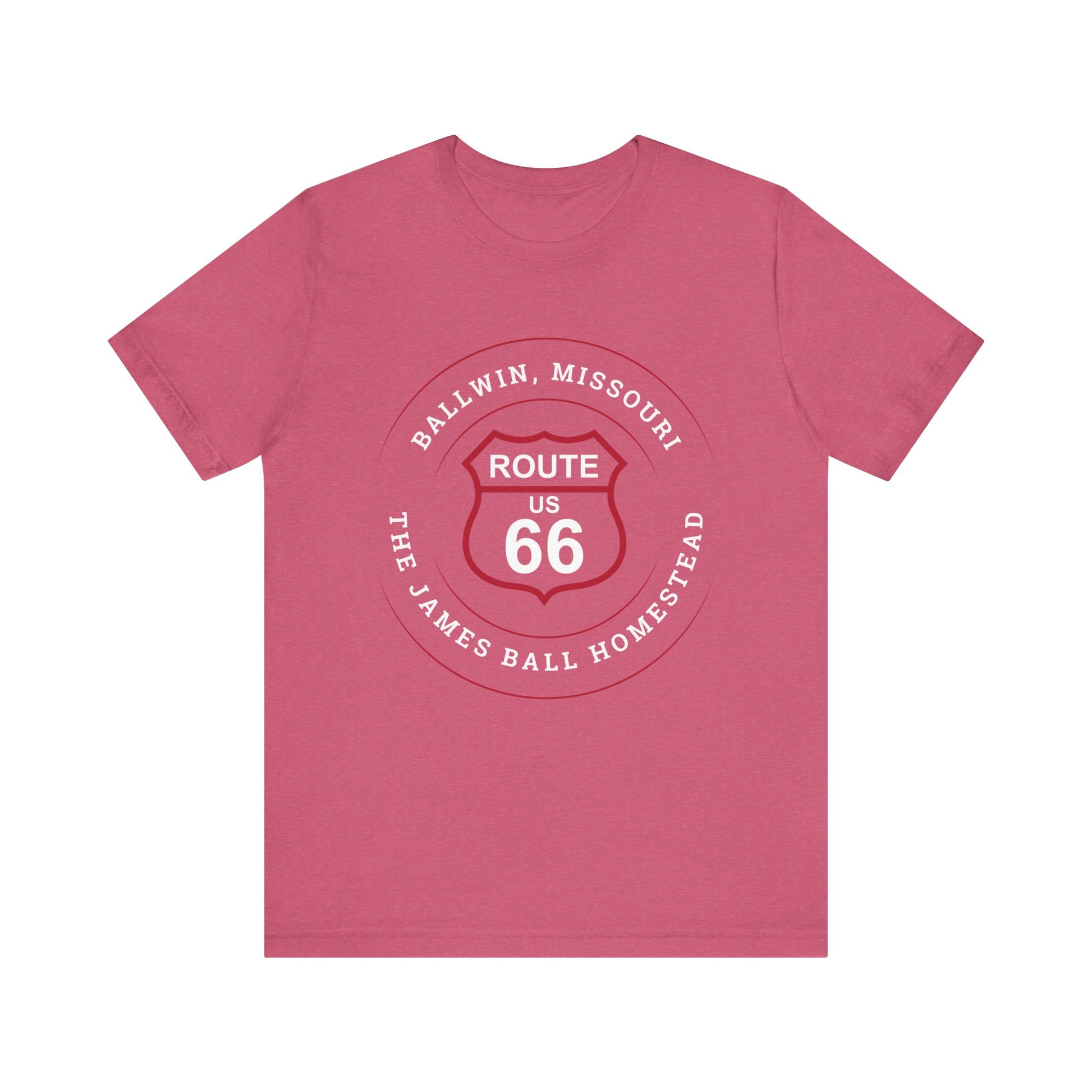 Heather raspberry retro Route 66 unisex jersey tee with Ballwin, MO: "The James Ball Homestead" design