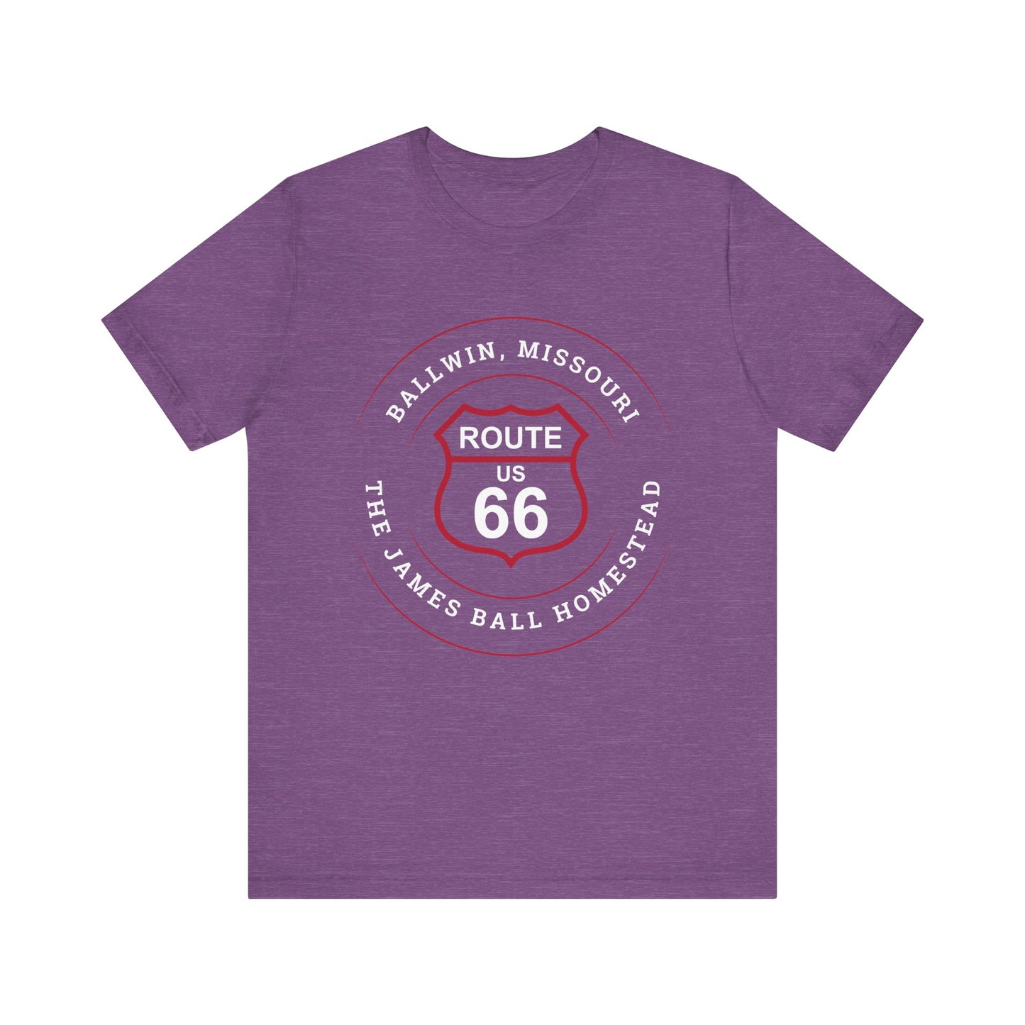 Heather team purple retro Route 66 unisex jersey tee with Ballwin, MO: "The James Ball Homestead" design