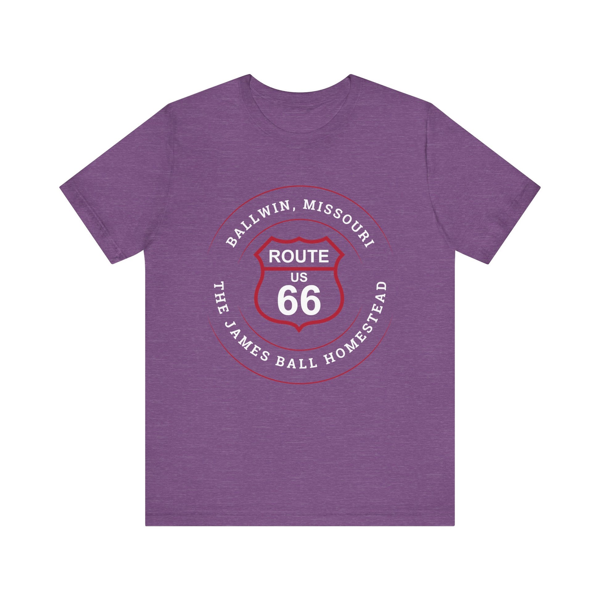 Heather team purple retro Route 66 unisex jersey tee with Ballwin, MO: "The James Ball Homestead" design
